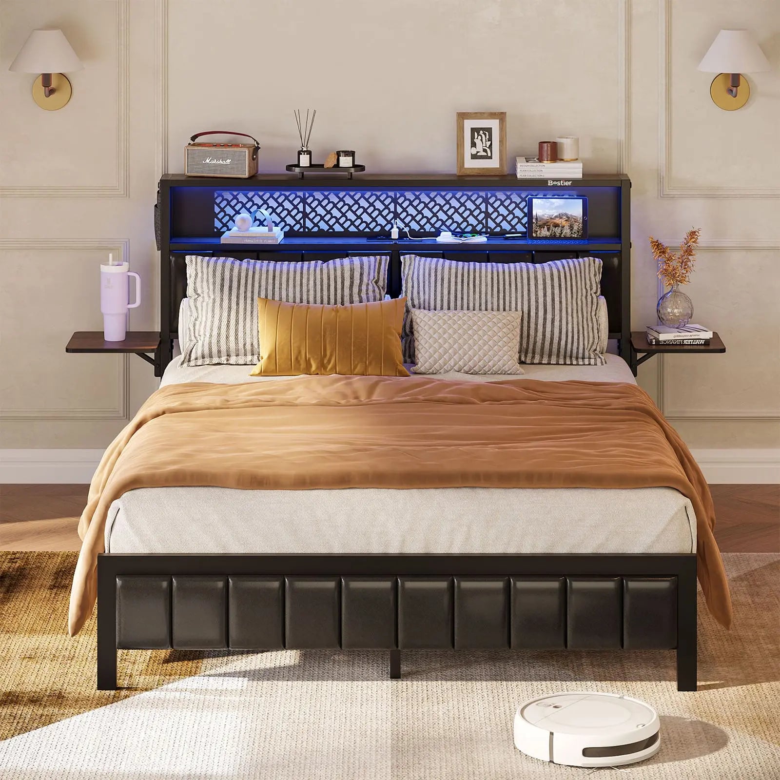 Bestier King/Queen/Full Size Bed Frame with USB Charging Station - Sturdy Metal Platform Bed with Headboard & LED Lights - Perfect for Modern Bedrooms & Guest Rooms