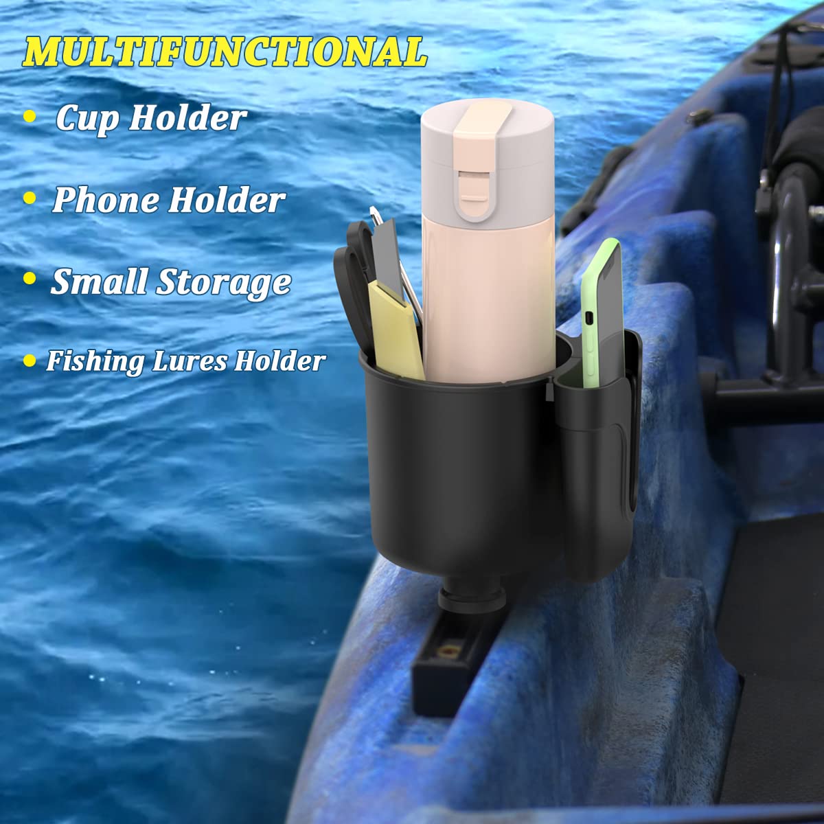 2Pcs Multifunctional Kayak Cup Holder & Phone Mount - Fishing Tool & Lure Storage - Kayak Bottle Drink Holder - Track Mount Accessories for Kayaking, Fishing & Outdoor Adventures