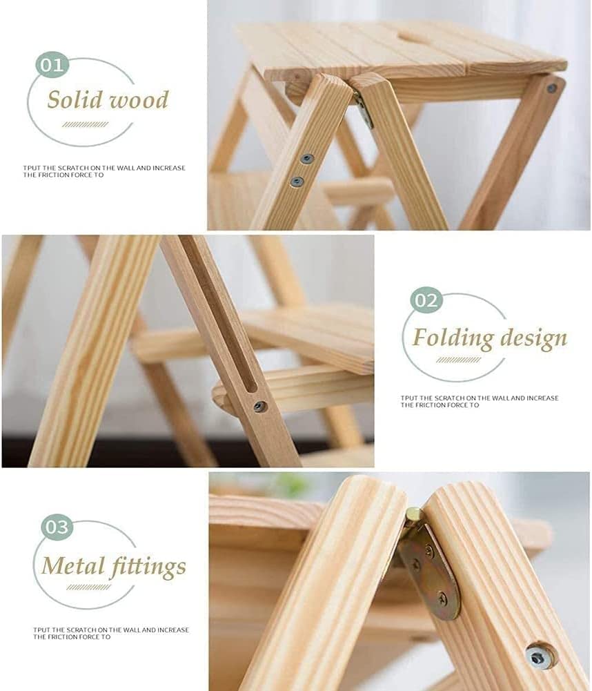 Solid Wood Folding Step Stool Ladder - Multi-Functional Foldable Stepladder for Home, Kitchen, Bathroom & Storage - Sturdy & Compact Brown Wooden Stool (Household, DIY, Decor)