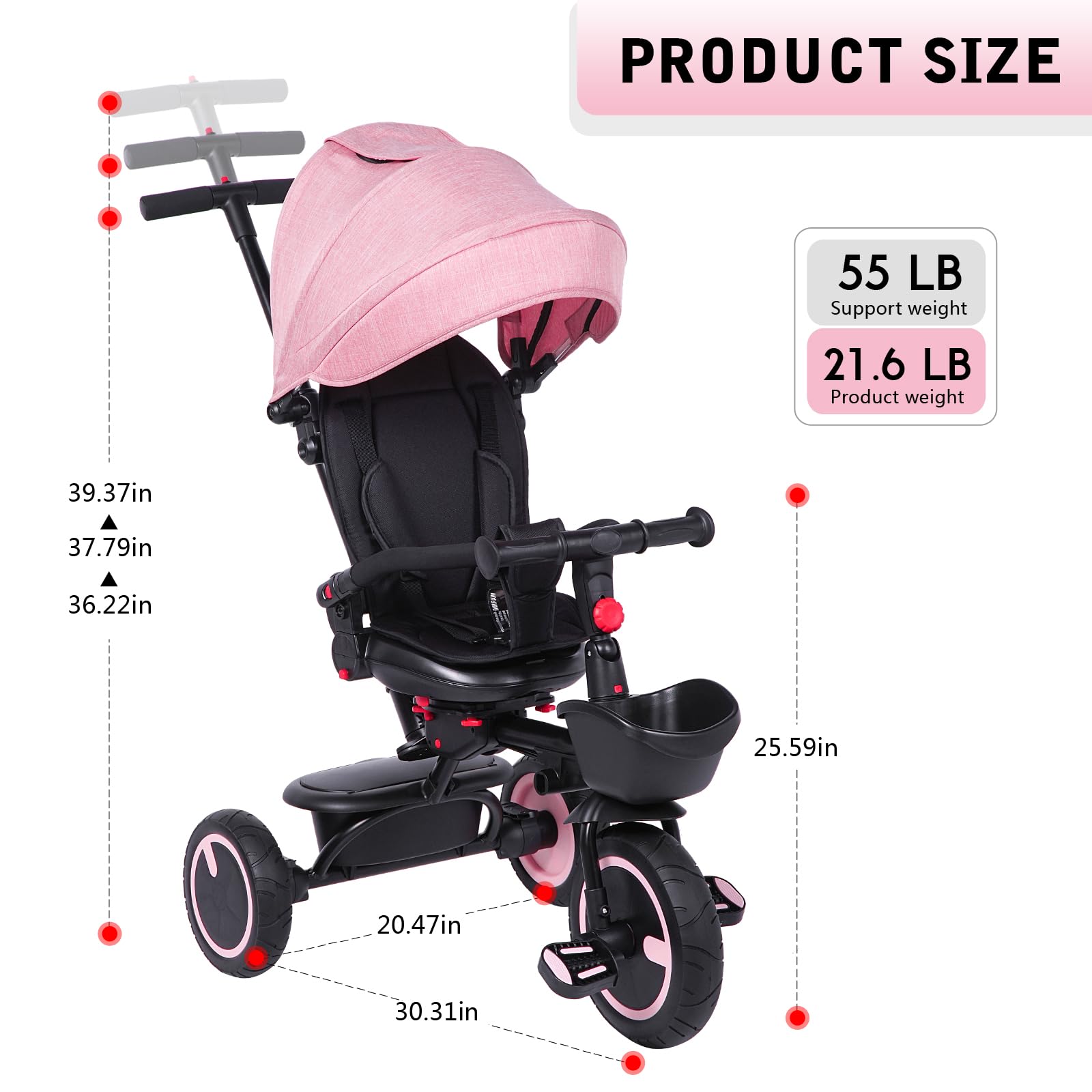 8-in-1 Toddler Tricycle with Push Handle & Rotatable Seat - Safe Baby Bike with Canopy, Safety Harness & Dual Brakes for Kids 7 Months to 5 Years - Perfect Pink Push Bike Gift for Birthdays, Parks & Outdoor Play