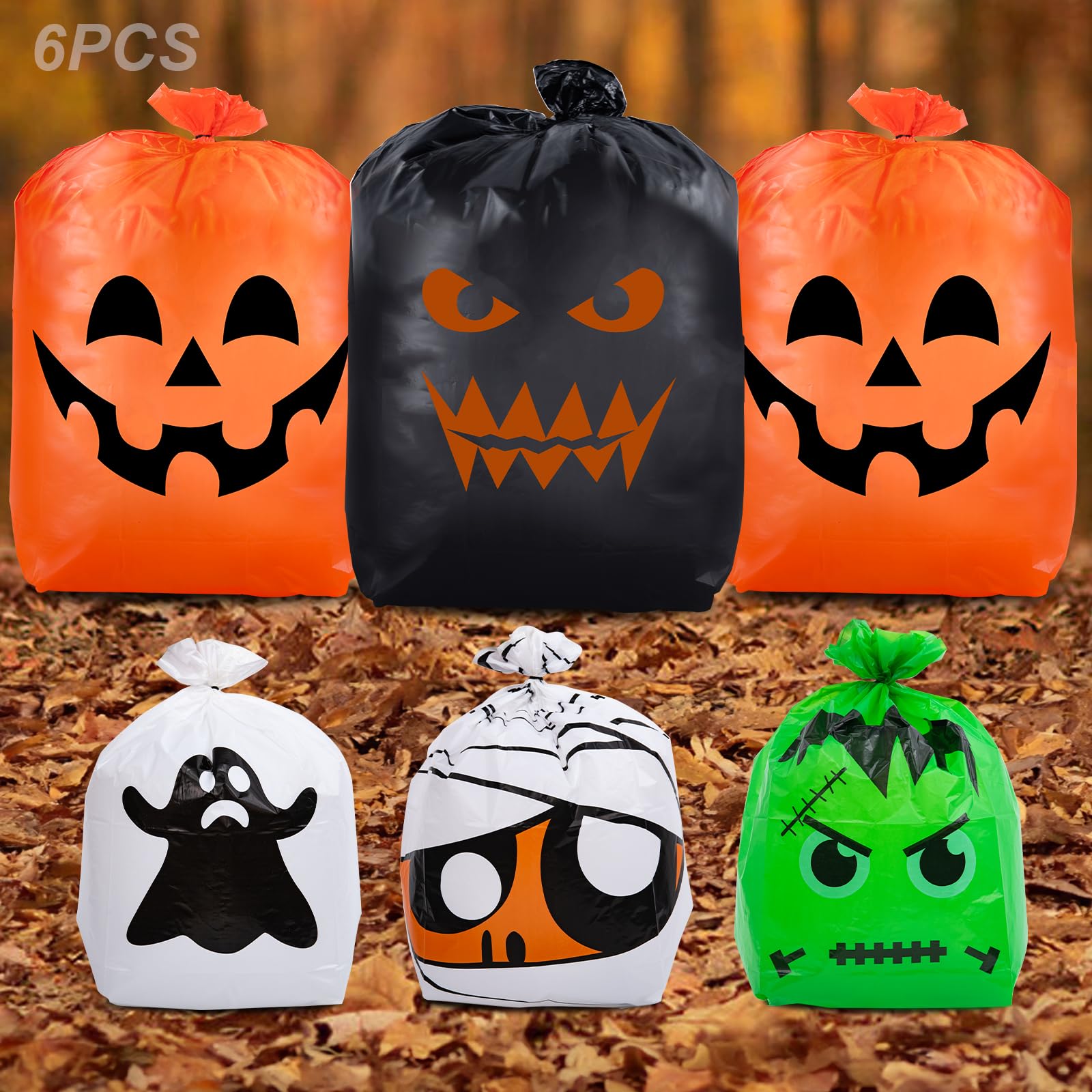 CHANGE MOORE Halloween Leaf Lawn Bags - 6 Pack Pumpkin Decor Bags with Twist Ties, Fall Yard Trash Bags for Outdoor Garden Decor | Perfect for Halloween Party Decorations, Autumn Yard Cleanup & Seasonal Home Decoration