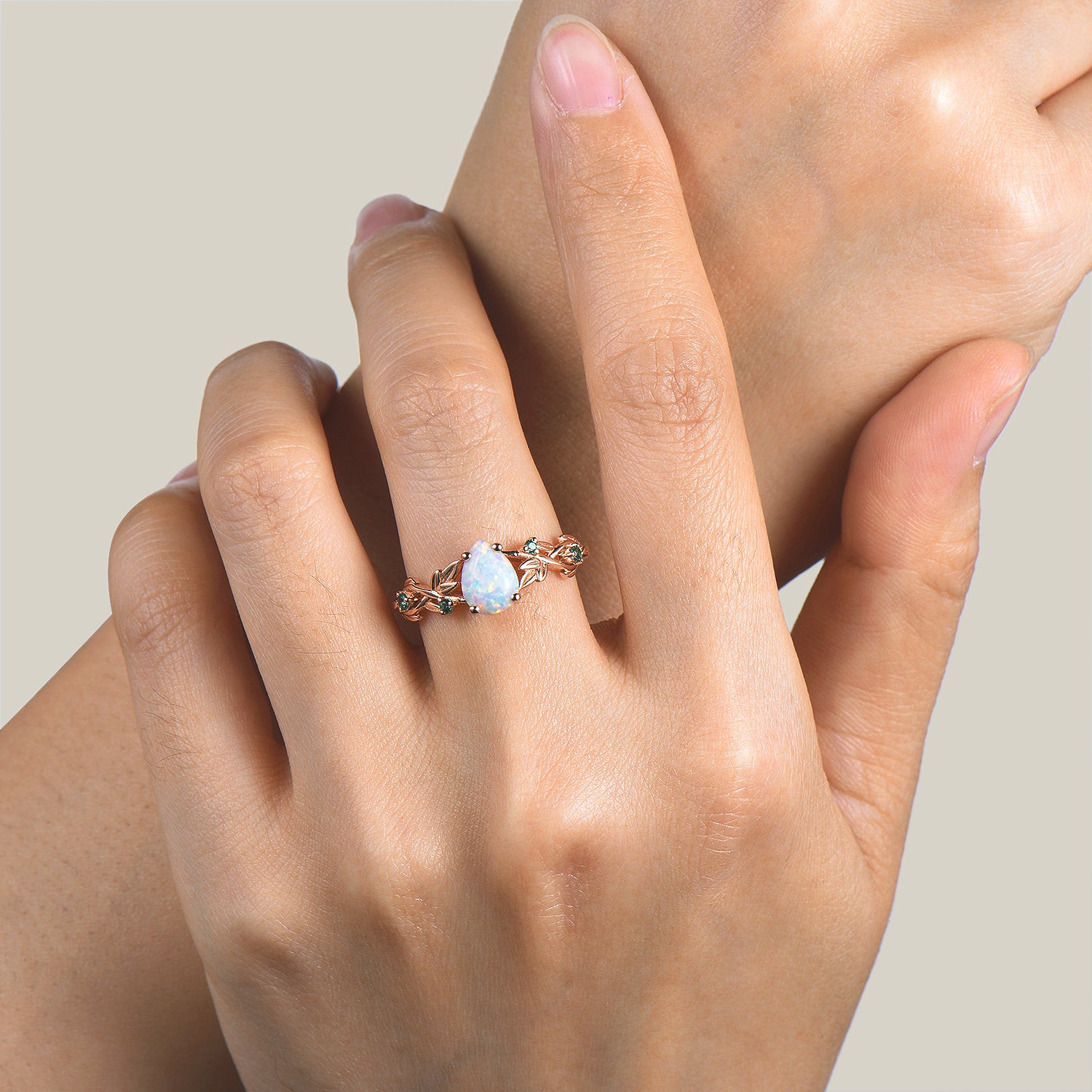 Pear Cut White Opal Engagement Ring - 14K Gold Leaf Twig Wedding Band for Women, Vintage Fire Opal & Emerald Bridal Jewelry - Perfect for Proposals, Anniversaries & Romantic Occasions