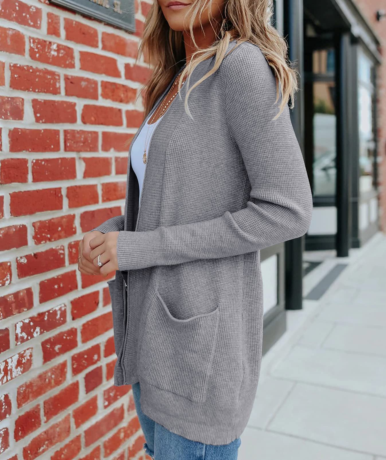 MEROKEETY Women's 2025 Fall Open Front Waffle Knit Cardigan - Long Sleeve Cozy Knit Sweater with Pockets - Perfect for Autumn Layering, Office Wear & Casual Outfits