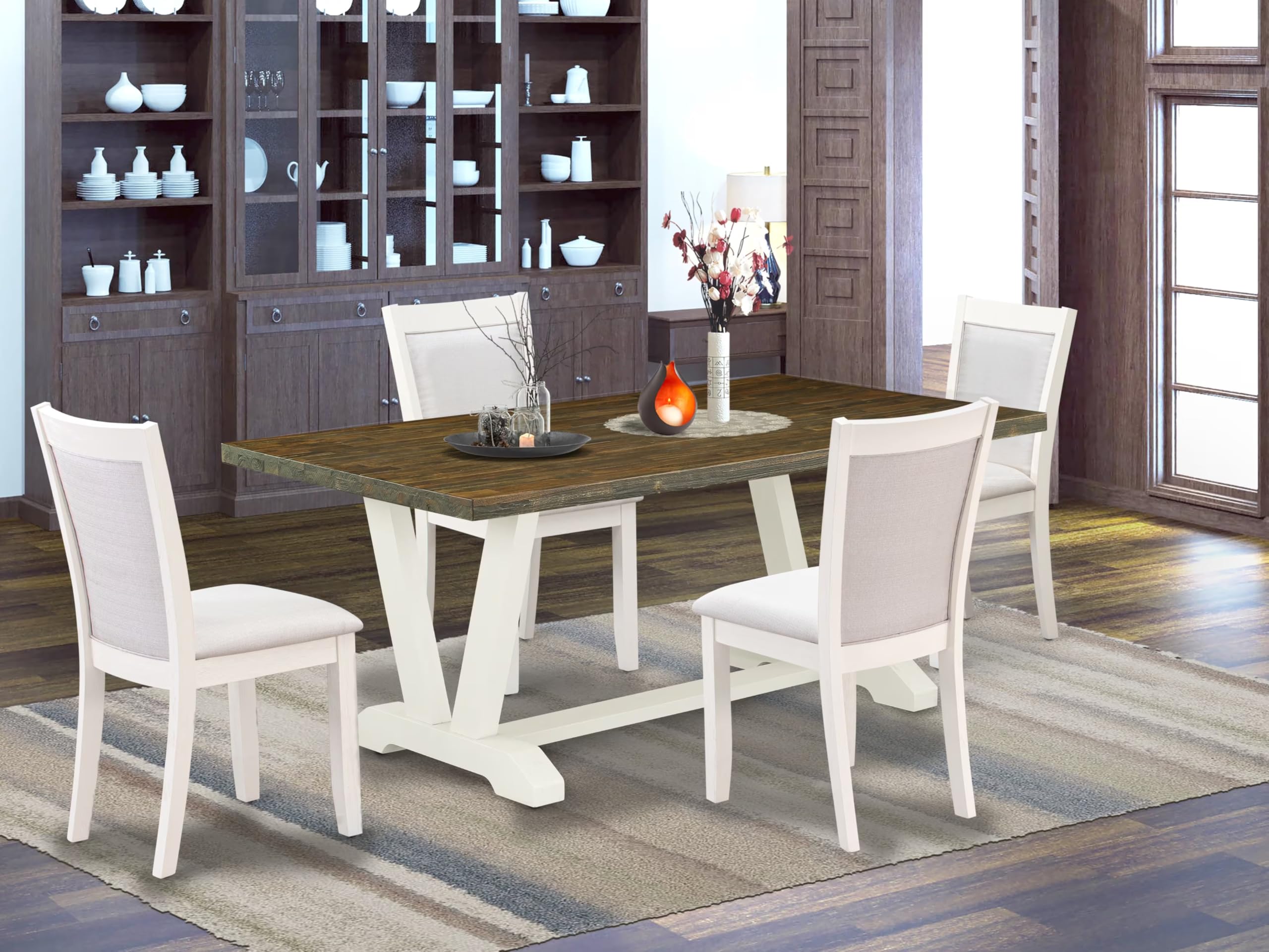 East West Furniture 5-Piece Kitchen Dining Set with Rectangle Table & 4 Cream Linen Parsons Chairs - 40x72 Inch V-Leg Table for 4, Multi-Color - Perfect for Small Spaces, Breakfast Nooks & Cozy Family Meals
