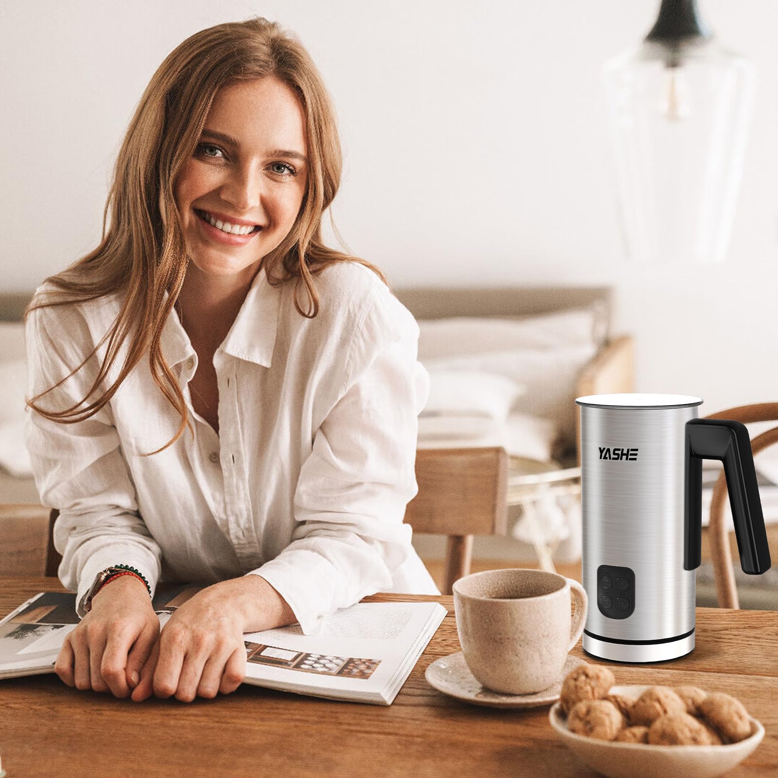 YASHE 4-in-1 Electric Milk Frother and Steamer - 8.1oz/240ml Stainless Steel Milk Frother for Lattes, Cappuccino & Hot Chocolate - Easy Clean with Dense Foam - Perfect for Home Coffee Bars & Cafe Use