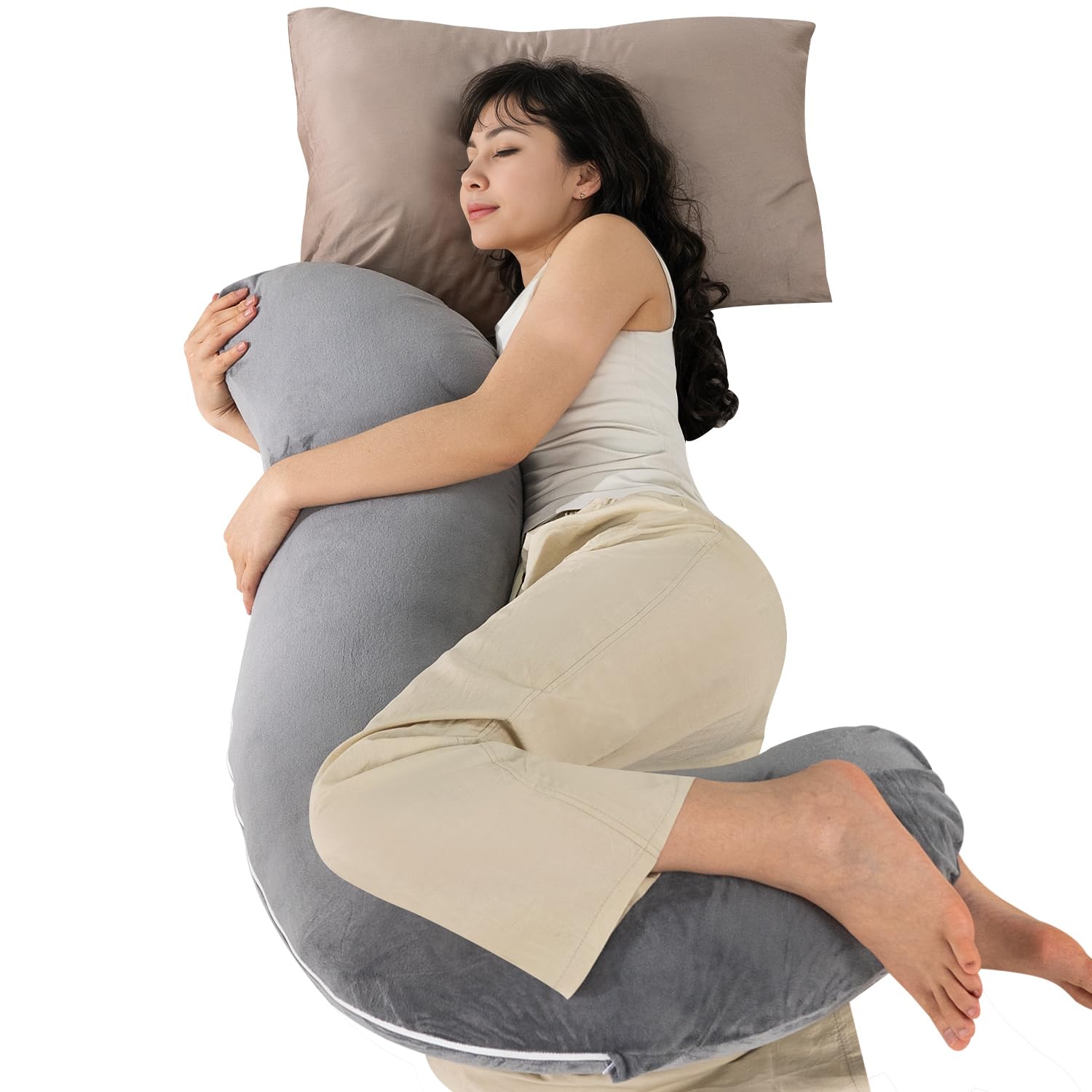 Queen Rose Body Pillow for Side Sleepers - S-Shaped Hug Pillow for Adults with Soft Velvet Cover (Grey) - Ideal for Pregnancy Support, Back Pain Relief & Comfortable Sleeping