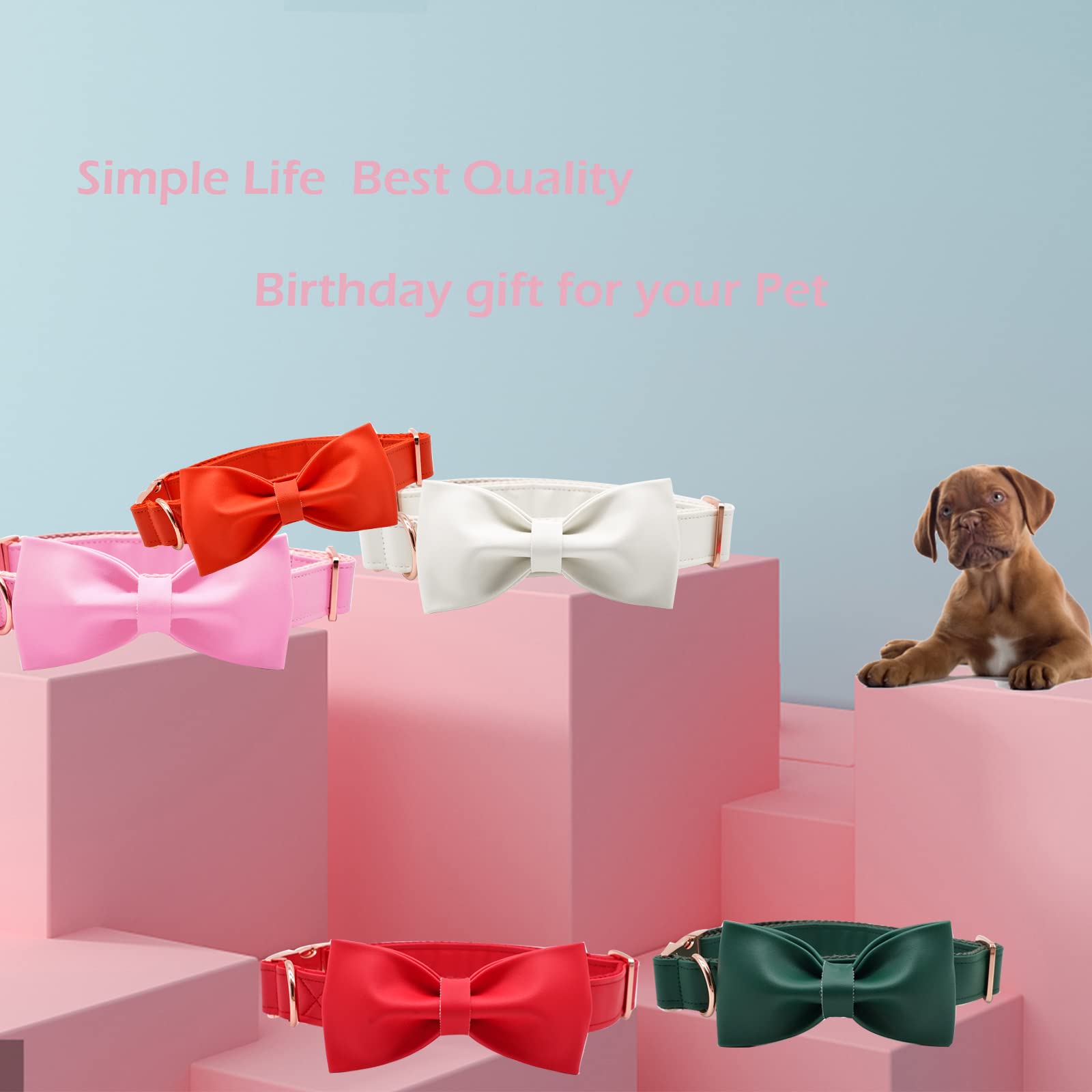 Premium Pink Leather Dog Collar with Elegant Bow - Adjustable Cute Bowtie Collar for Medium Size Dogs | Perfect for Daily Walks, Pet Photos & Special Occasions