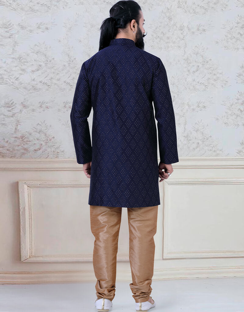 Blue Silk Kurta with Zari Embroidery and Churidar - Elegant Indian Ethnic Outfit for Festivals, Weddings & Special Occasions