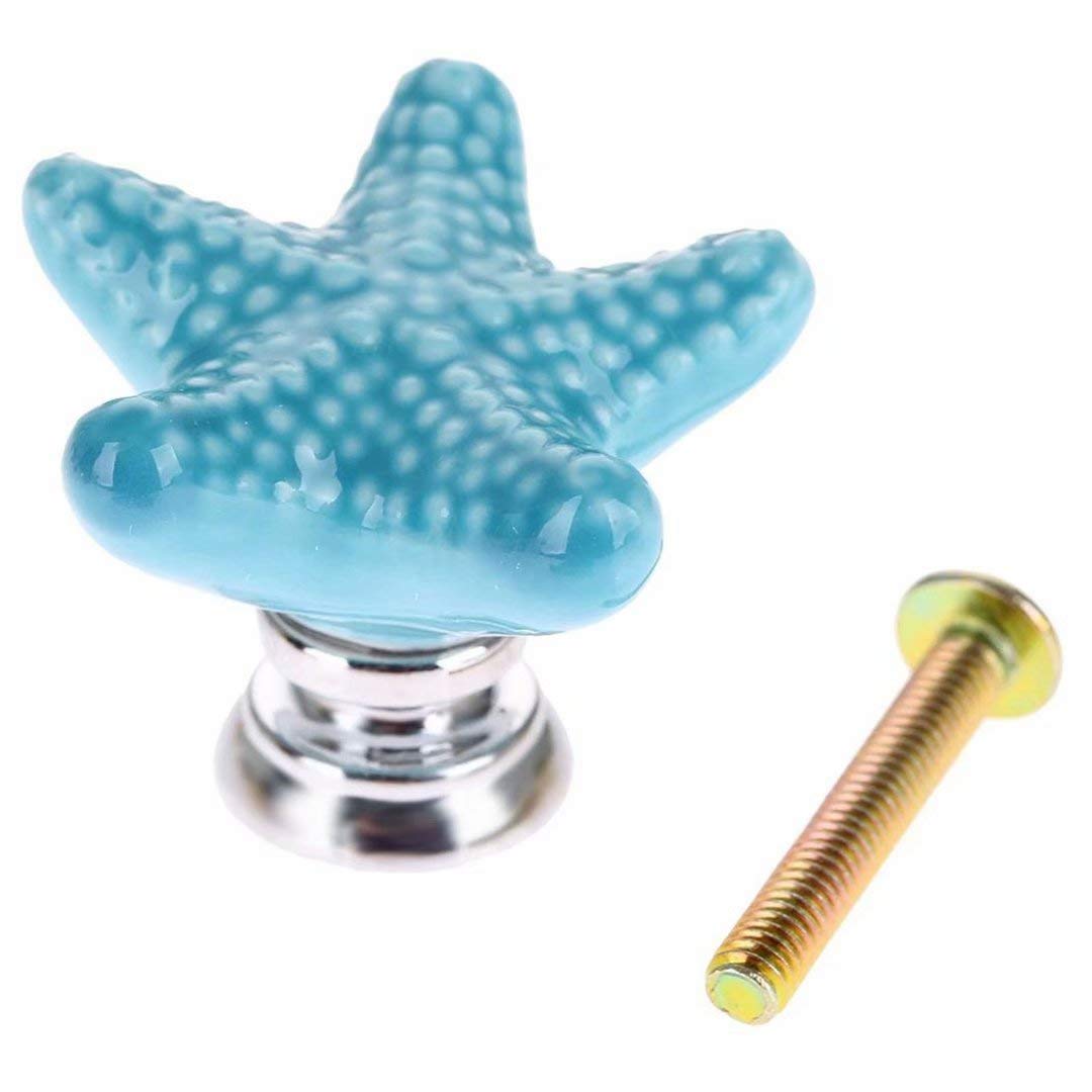 Blue Starfish Ceramic Drawer Knobs - 6 Pack Beach Themed Cabinet Handles for Nursery, Dresser, Cupboard, Wardrobe & Kitchen - Perfect for Coastal Decor & Ocean Inspired Interiors