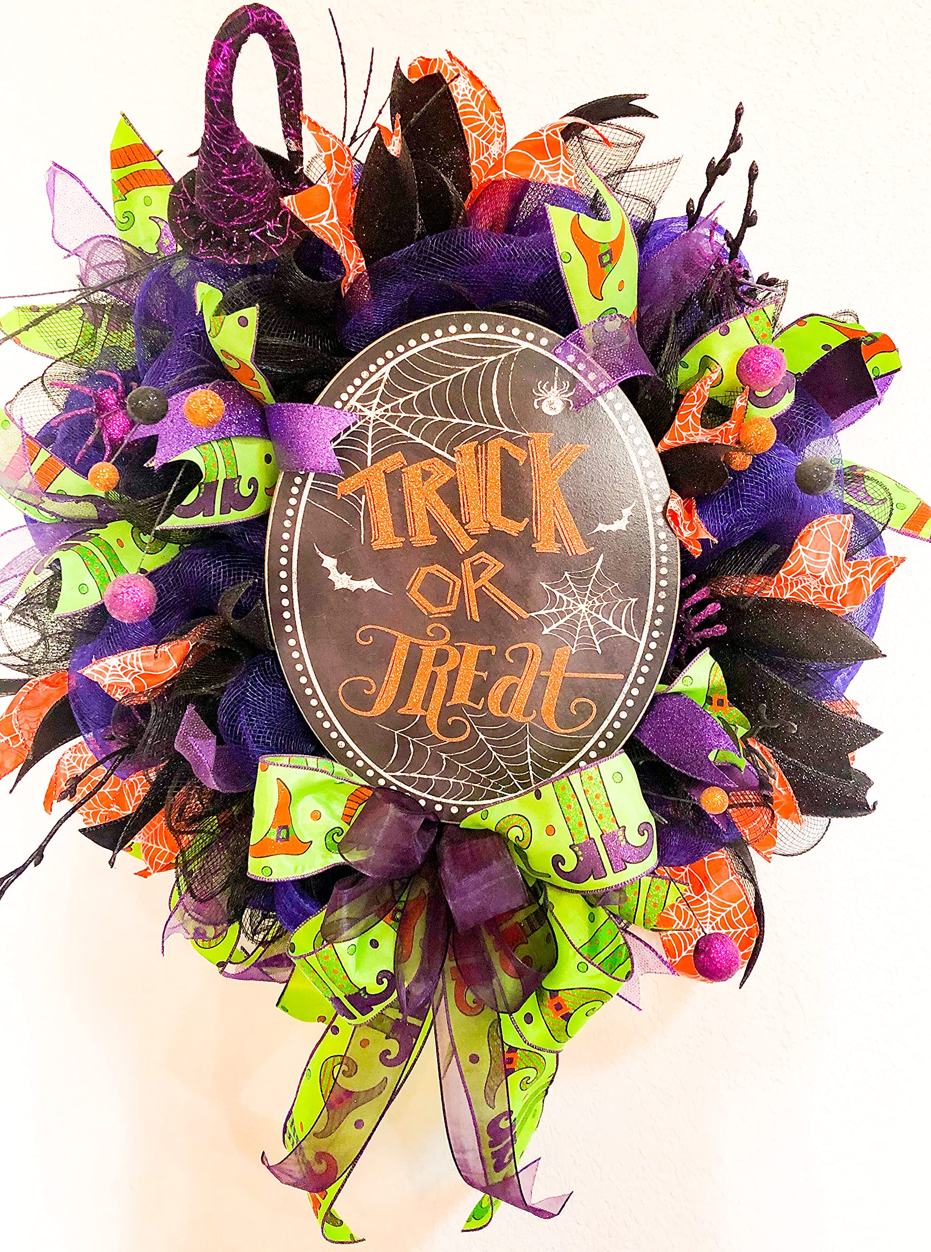 Halloween Wreath - Handmade Trick or Treat Deco Mesh Wreath for Front Door Decor, Halloween Party & Home Decoration