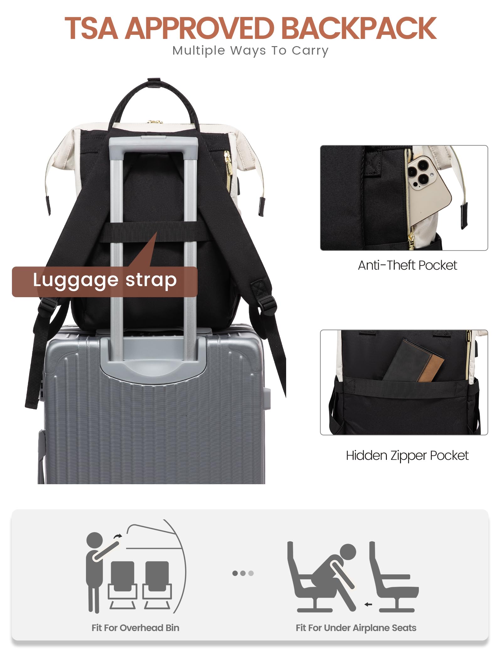 LOVEVOOK Women's Waterproof Laptop Backpack - 15.6 Inch Work Travel Bag for College, Office & Professionals (Teacher, Doctor, Nurse) - Stylish & Durable Purse Backpack in Black, Beige & Brown - Perfect for Commuting, Business Trips & Campus Life