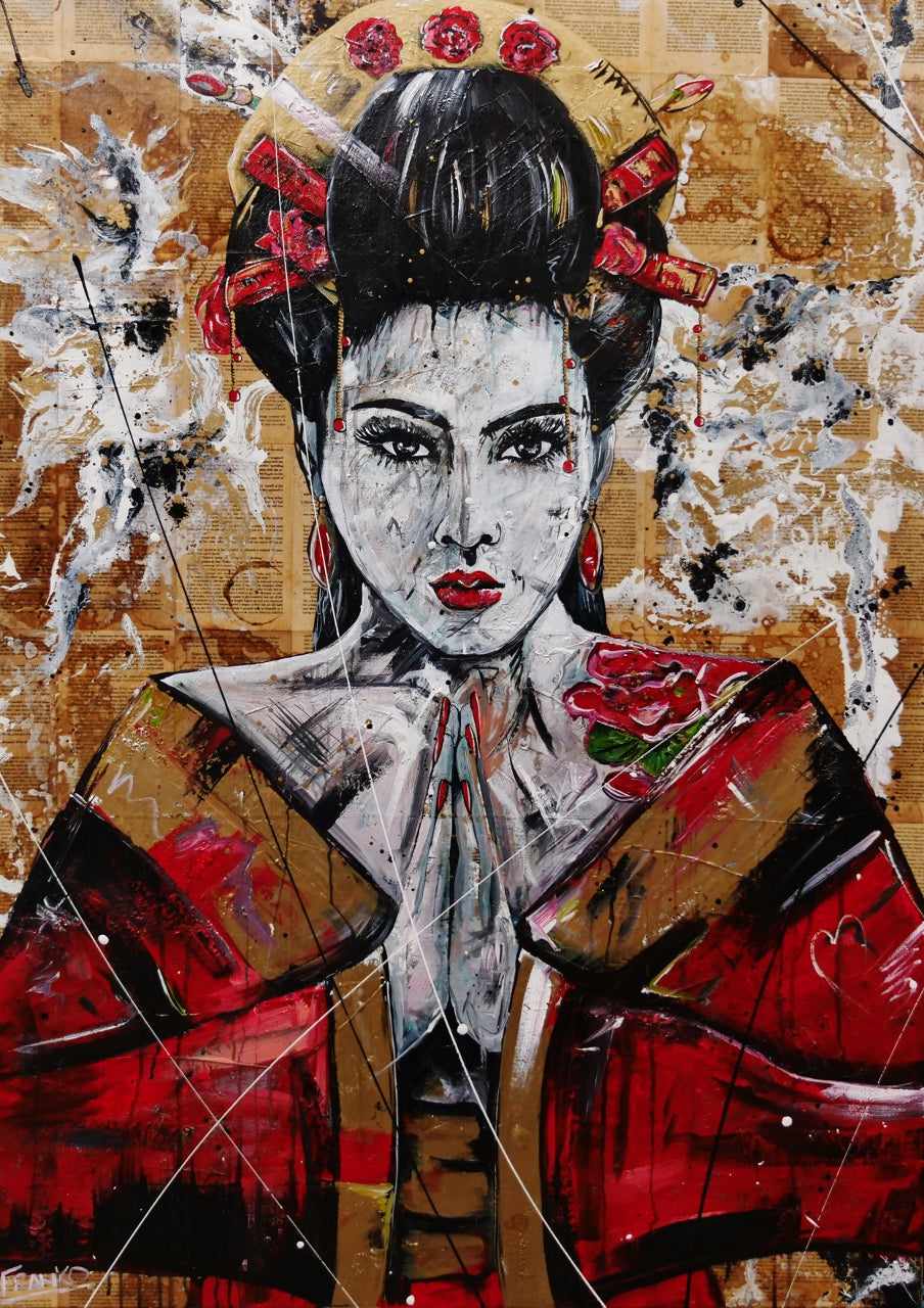 140cm x 100cm Geisha Abstract Realism Canvas Art Print - Japanese Book Club Decor, Living Room Wall Art, Office Painting