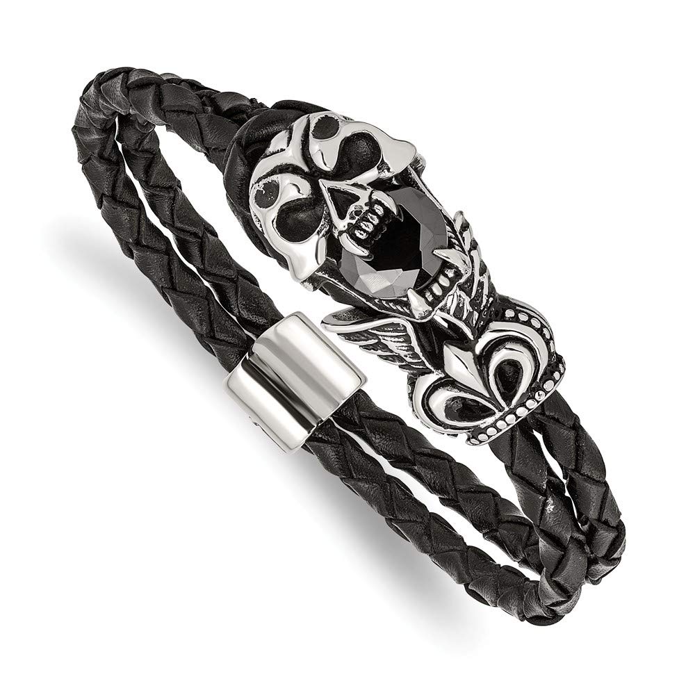 Vintage Stainless Steel & Glass Leather Bracelet - 8.5