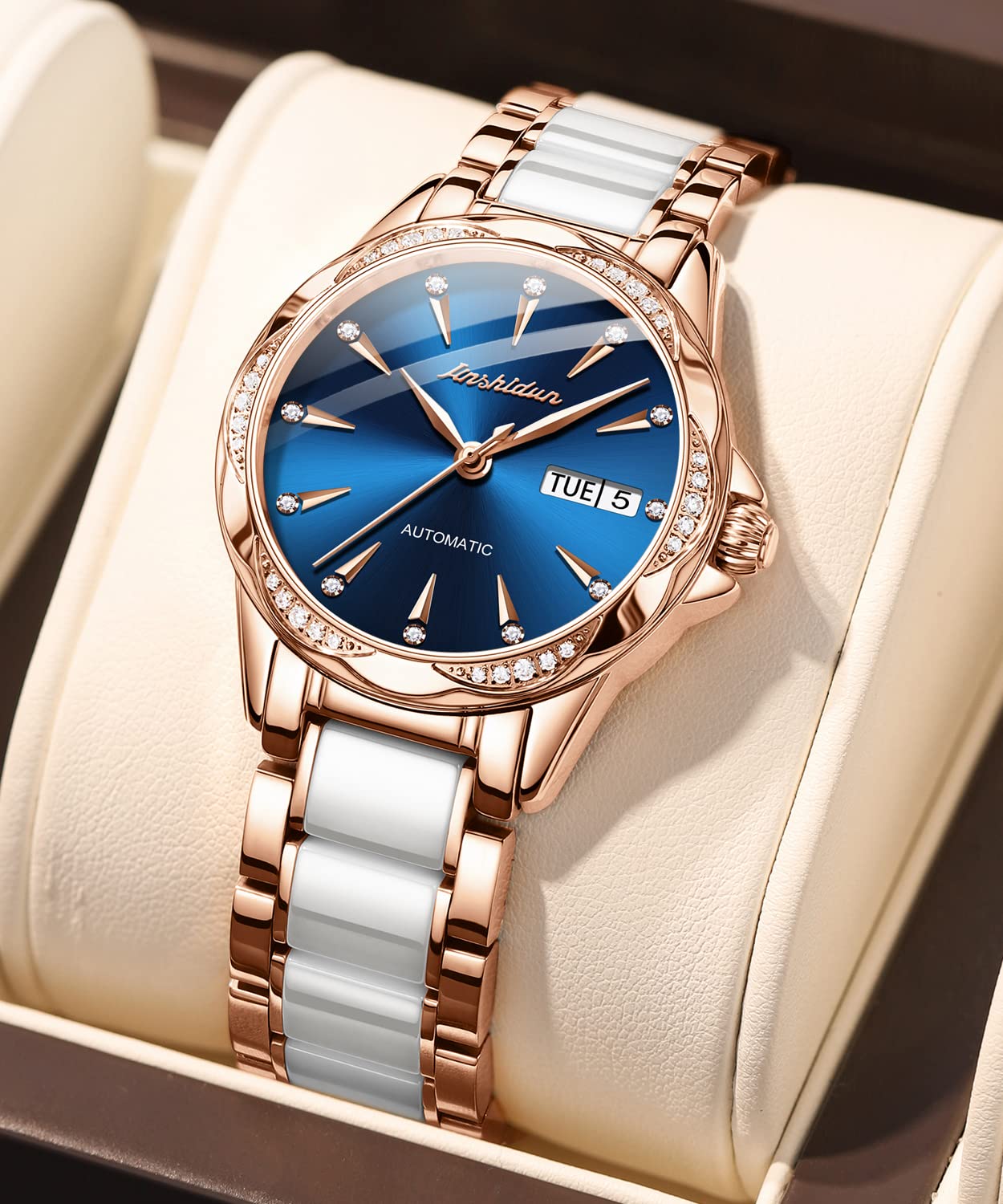OLEVS Automatic Women's Watch with Blue Diamond Dial - Self-Winding Mechanical Watch, Ceramic & Stainless Steel Rose Gold Case, Day/Date Display, Water Resistant - Elegant Dress Watch for Women, Perfect Gift for Her | Office, Party, Wedding & Everyday Wear