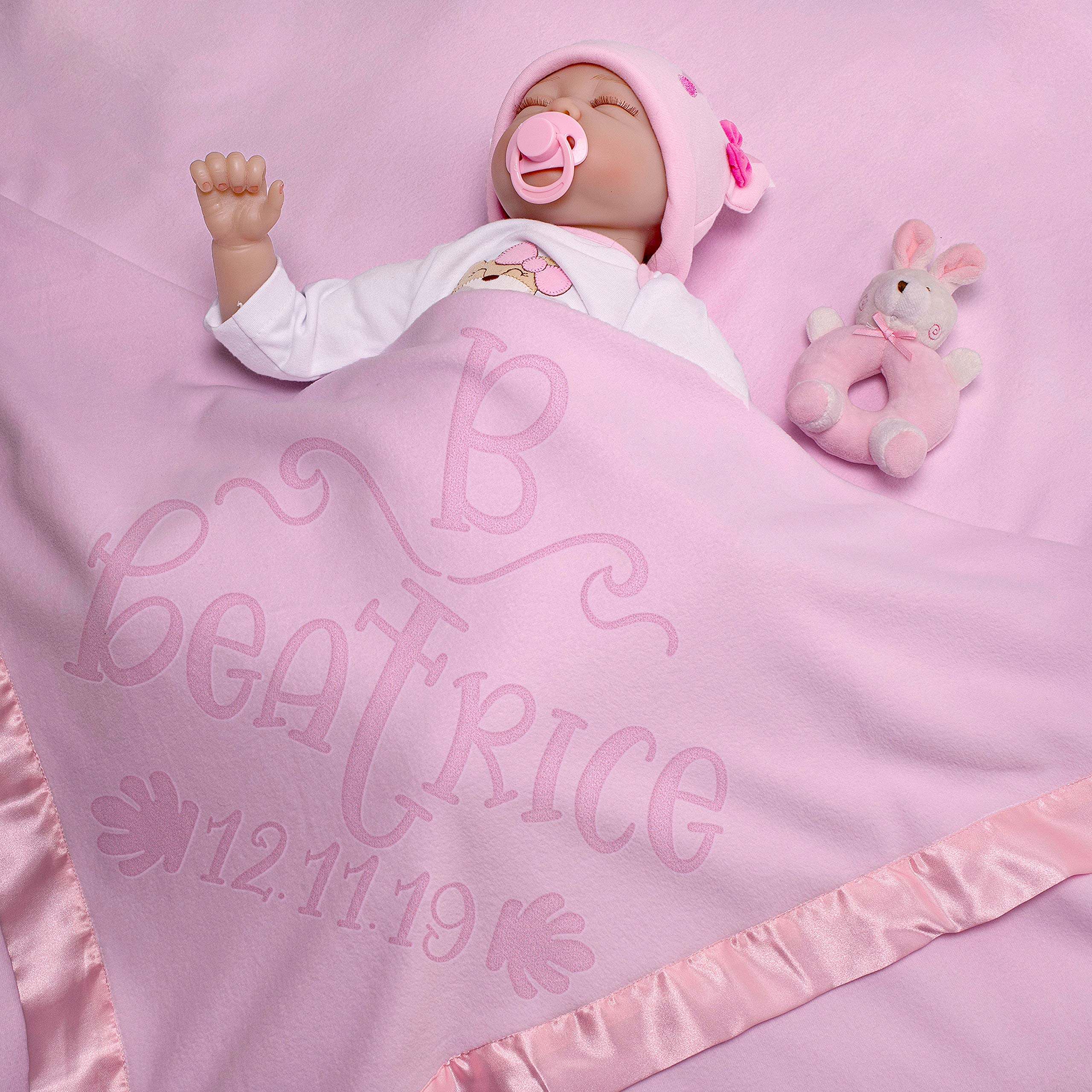 Personalized Baby Blanket with Initial and Name - 36x36 Inch Soft Fleece with Satin Trim (Pink) - Perfect Baby Shower Gift for Boys and Girls - Ideal for Swaddling, Nursing, and Photo Props