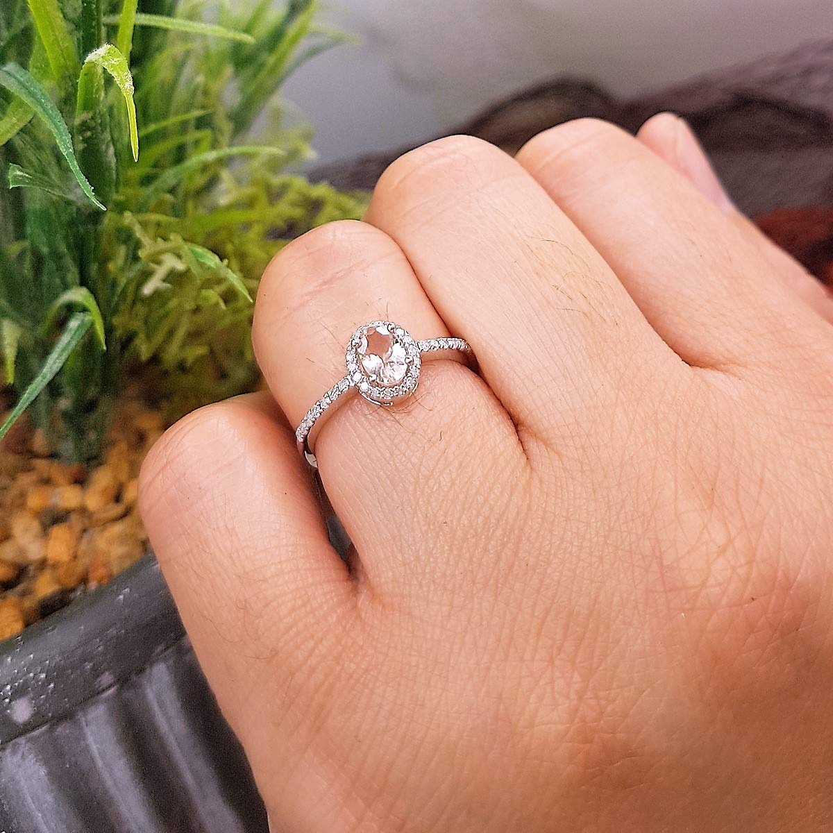 Dazzlingrock Collection Oval Cut Morganite & Round Cut White Diamond Halo Engagement Ring in Sterling Silver - Perfect for Bridal, Wedding, and Proposal Gifts