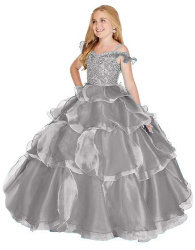 Aiyue Yishen Girls Layered Organza Pageant Dress with Straps & Beaded Flowers – Perfect for Flower Girls, Pageants, Weddings & Special Occasions