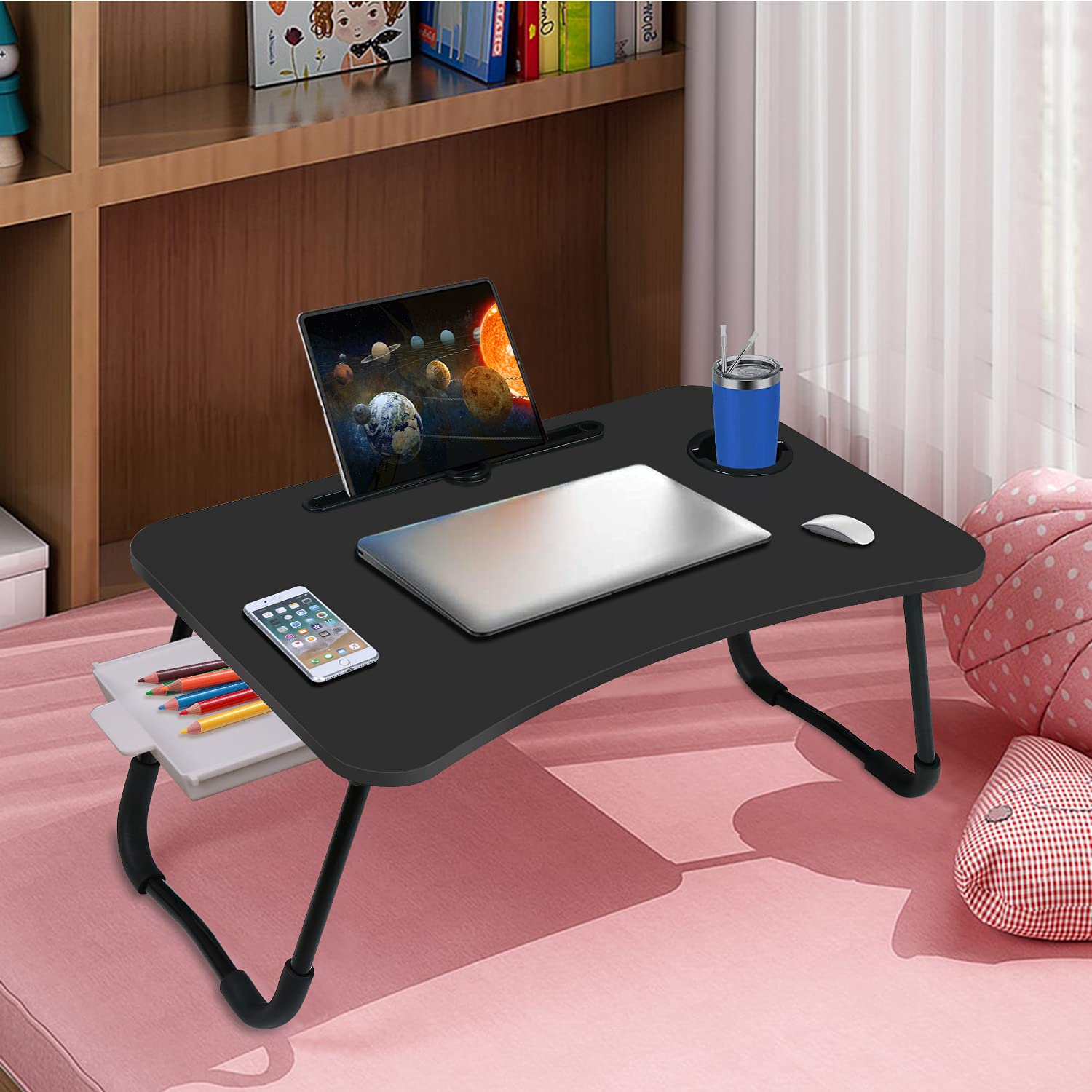 Fayquaze Foldable Laptop Bed Table with Storage Drawer & Cup Holder - Portable Lap Desk for Working, Eating & Reading - Perfect for Home Office, Dorm Room & Bed Use