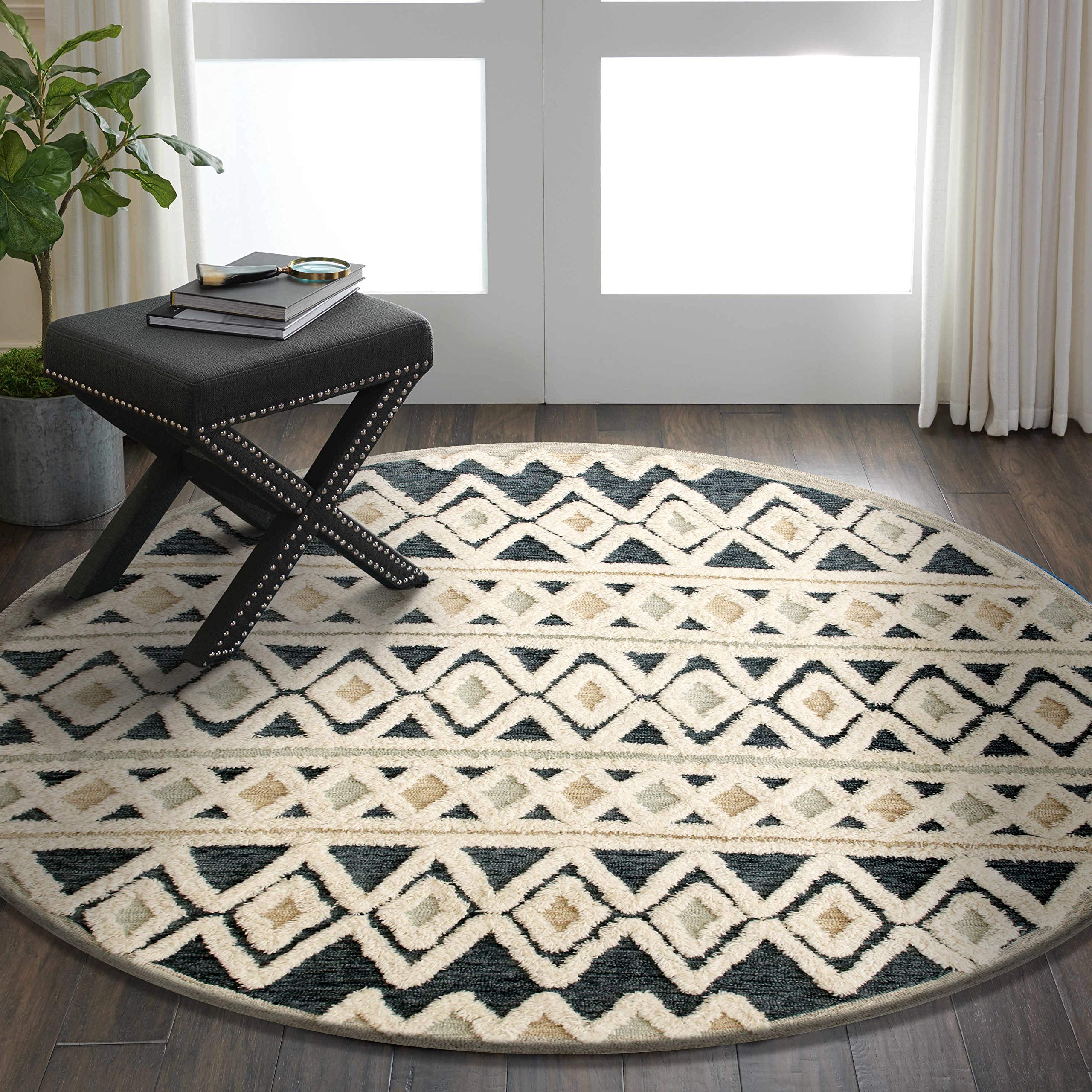 LR Home 6ft Round Indoor Natural Wool Area Rug - Hand Tufted Modern Farmhouse Boho Style for Bedroom, Living Room, Entryway & Playroom | Blue and Cream Home Decor Carpet | Perfect for Cozy Spaces, Nursery & Home Office