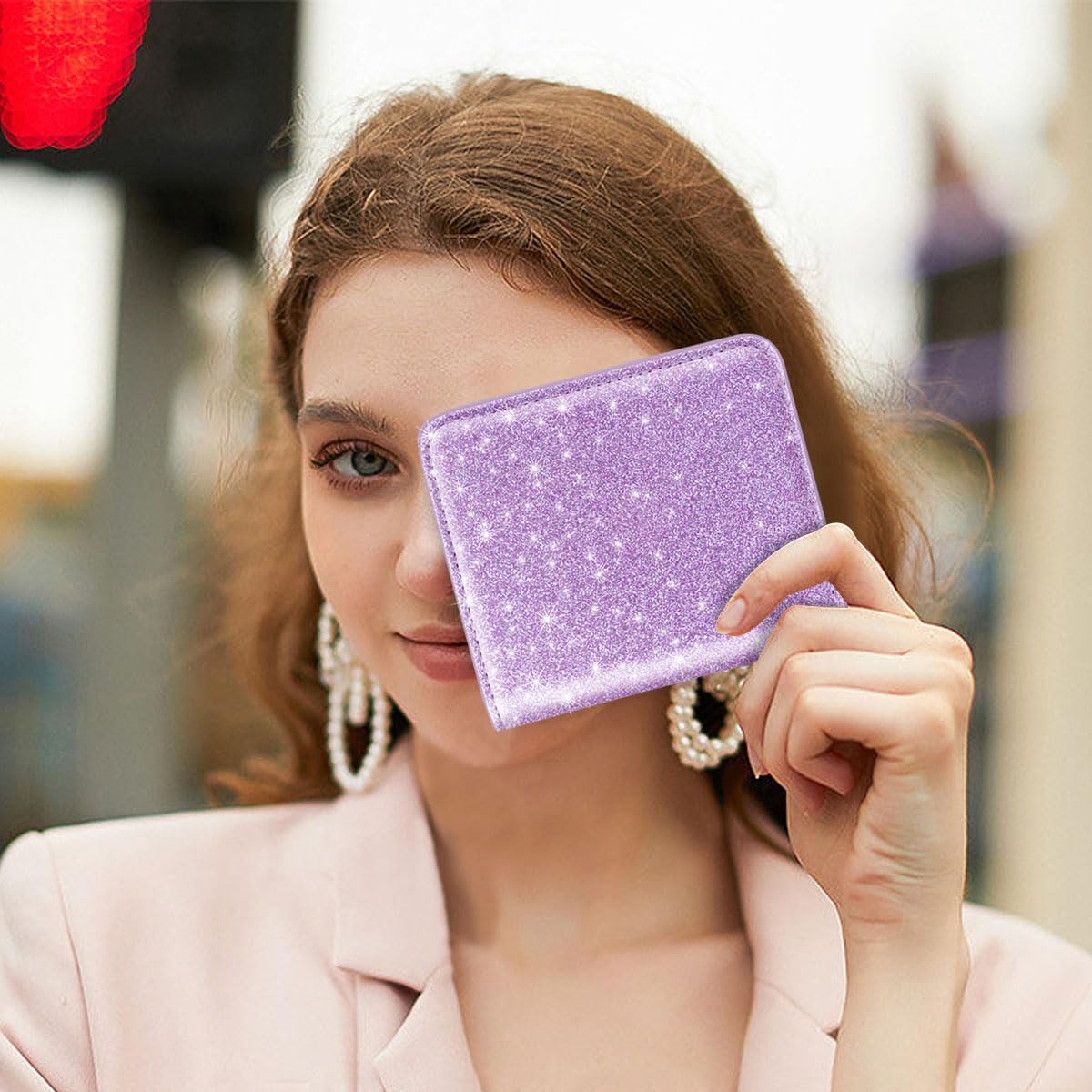 Women's Small RFID Blocking Leather Wallet - Compact Bifold Credit Card Holder with ID Window & Coin Slot - Cute Mini Purse for Everyday Use (Glitter Purple)