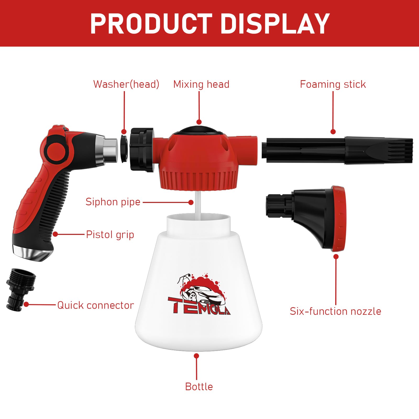 TEMOLA Adjustable Foam Cannon for Car Wash - High Pressure Foam Sprayer with Garden Hose Attachment - Ideal for Cars, Motorcycles & Garden Cleaning (Blue & Red) - Perfect for Home Car Detailing & Outdoor Cleaning