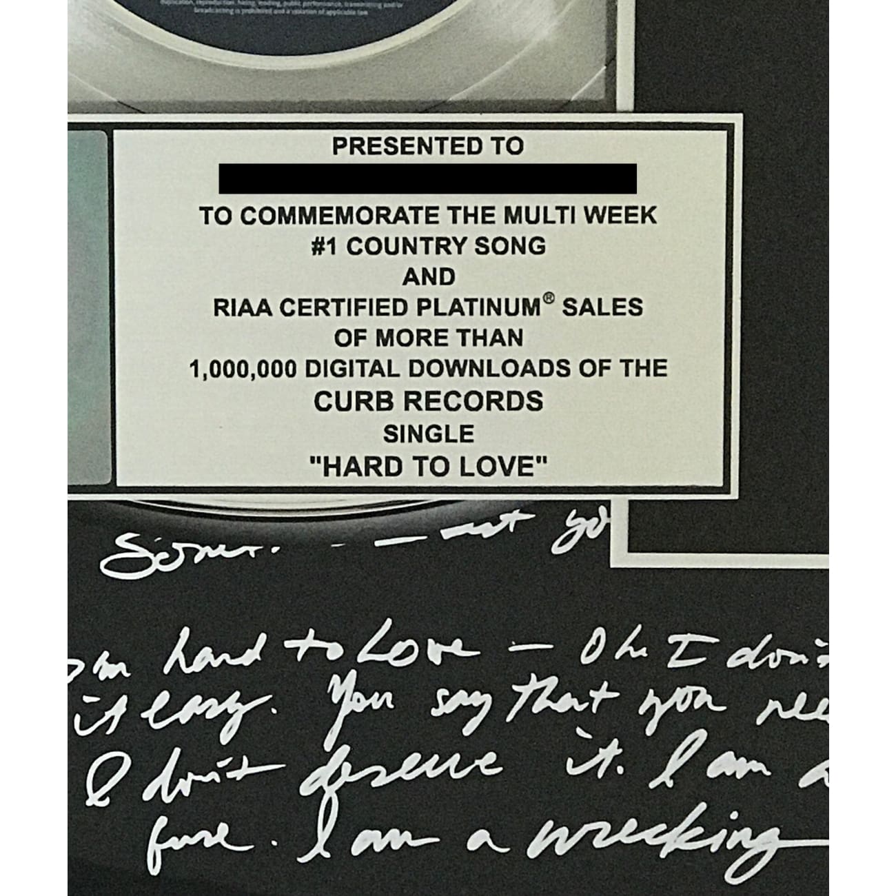 Lee Brice Hard To Love RIAA Platinum Single Award - Certified Music Plaque for Home Decor, Office Display & Fan Collection