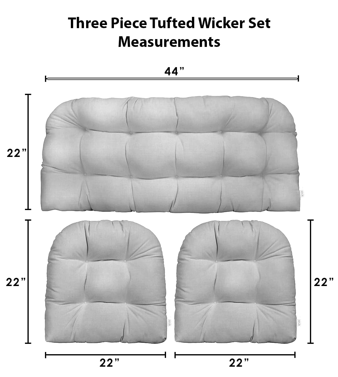 RSH DECOR: 3-Piece Wicker Tufted Cushion Set for Outdoor Furniture - Waterproof & Fade-Resistant Spun Fabric in Colsen Noir - Perfect for Patio Loveseats, U-Shaped Sectionals & Large Wicker Sets