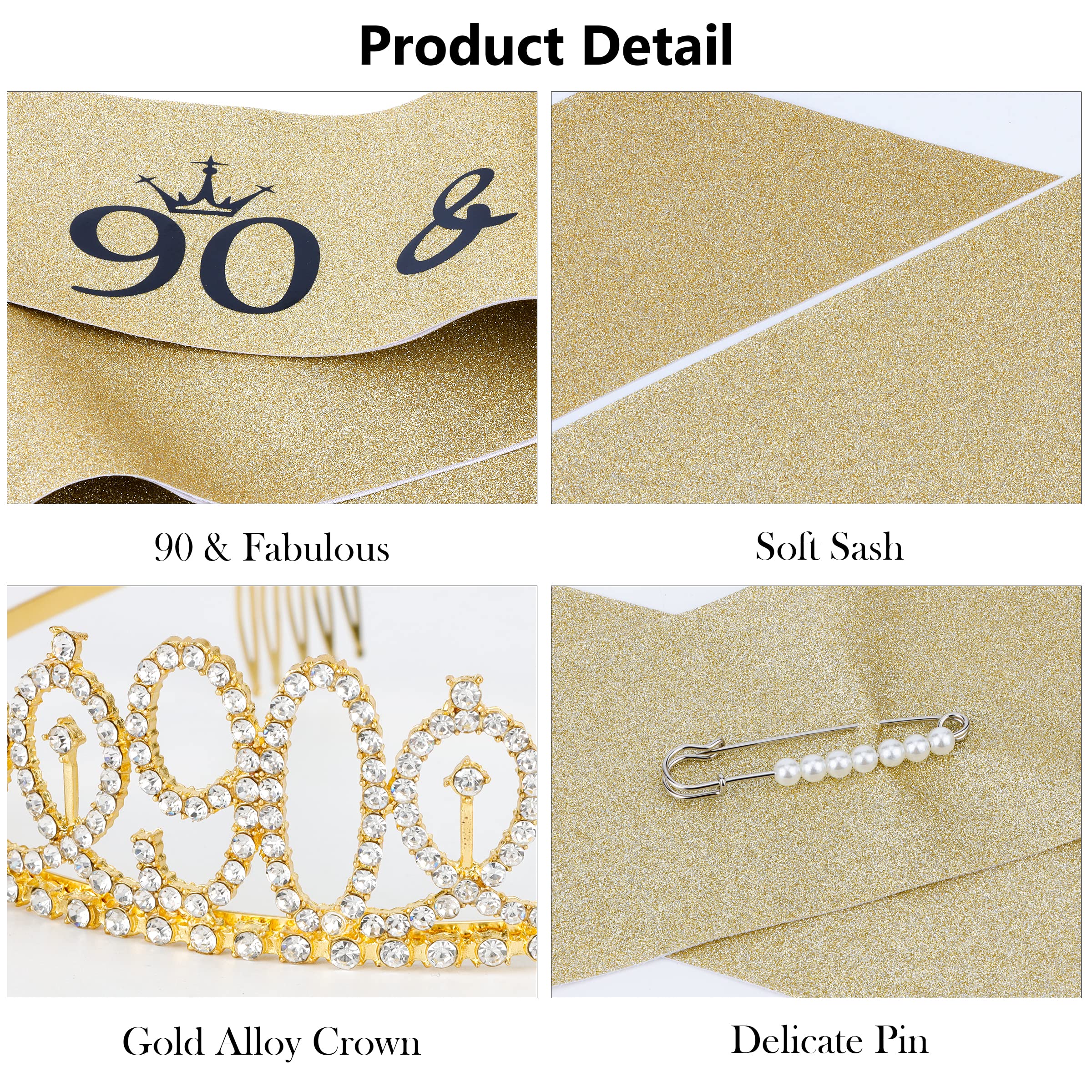 90th Birthday Sash & Gold Tiara Set - Elegant 90th Birthday Gifts for Women - Happy 90th Birthday Party Decorations - Perfect for Milestone Celebrations, Retirement Parties & Golden Anniversary Events
