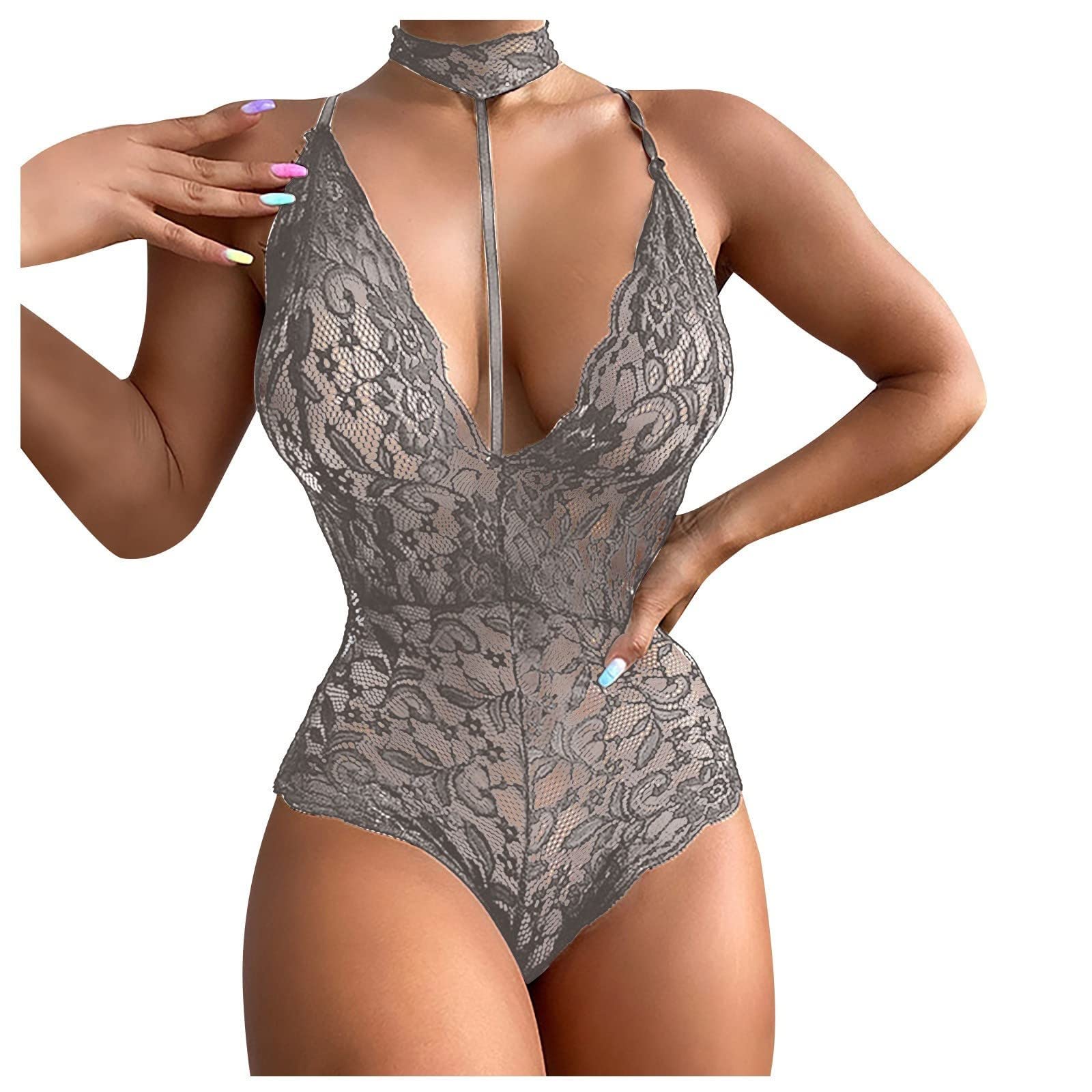 Sexy Lace Bodysuit for Women - Strappy Hollow Out Sheer Lingerie Nightgown | Exotic & Comfortable Cotton Sleepwear in Gray | Perfect for Romantic Nights & Boudoir Photography