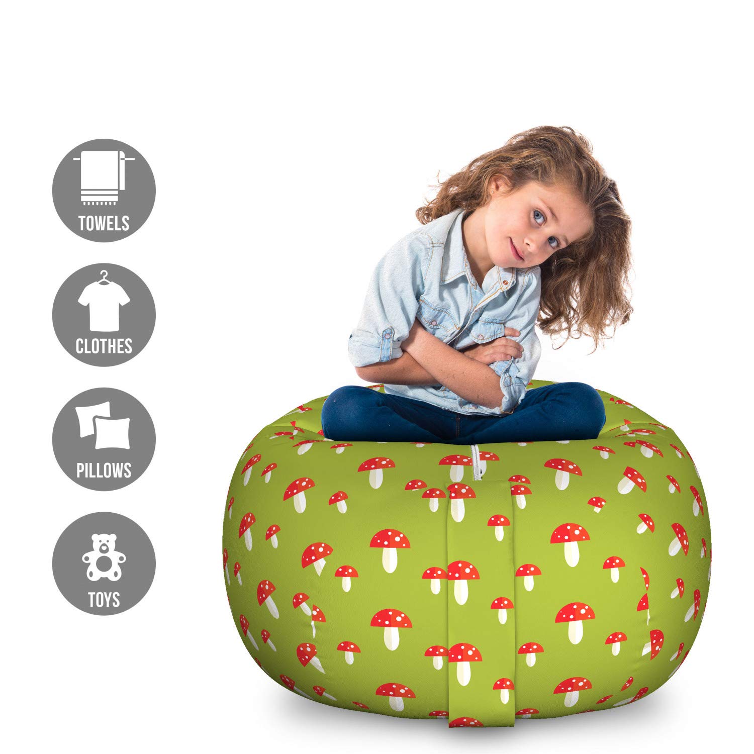 Ambesonne Mushroom Toy Storage Bag Chair - Large Washable Organizer for Stuffed Animals, Kids' Room Decor with Childish Forest Botany & Toadstool Pattern in Apple Green Vermilion | Perfect for Nursery, Playroom & Bedroom Organization
