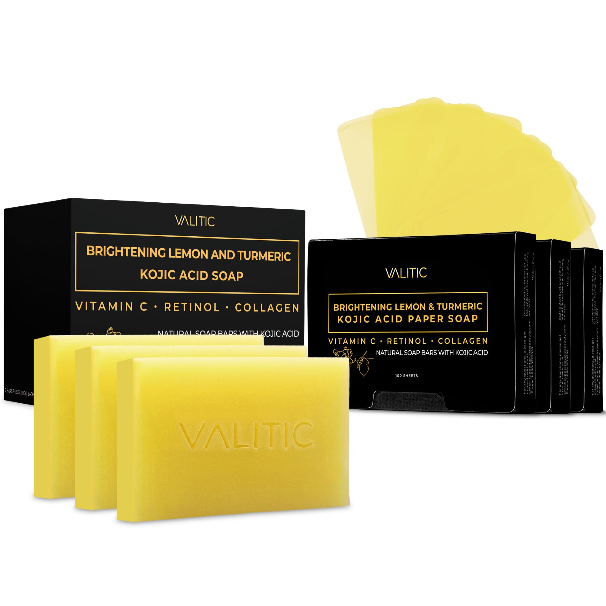 VALITIC Brightening Lemon Turmeric Kojic Acid Soap - Dark Spot Corrector & Skin Lightening Bar with Vitamin C, Retinol & Collagen - 3 Pack Soap Bars + 300 Melting Paper Sheets - Perfect for Acne-Prone Skin & Hyperpigmentation Treatment - Daily Face & Body Cleanser for Glowing Complexion