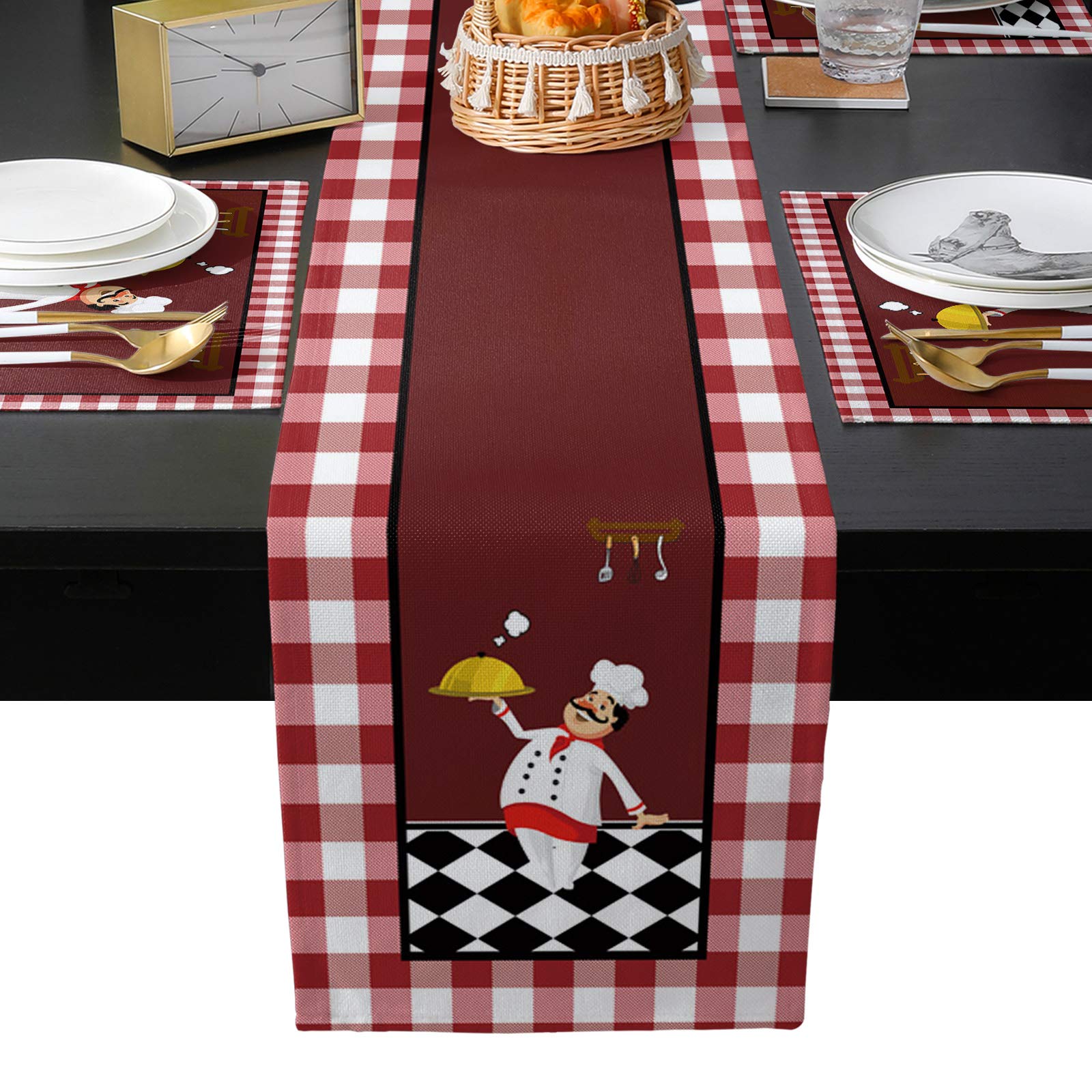 ARTSHOWING 6-Piece Heat-Resistant Washable Cotton Linen Table Runner & Placemats Set for Kitchen Dining - Chef Style with Knife & Fork Design - Perfect for Holiday Parties, Dinner Gatherings & Home Decor