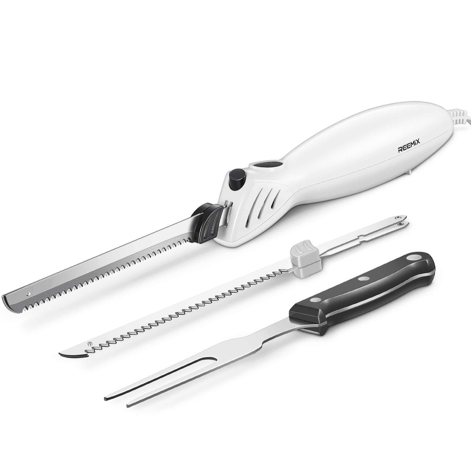 Electric Knife Set Z3042 - 2 Stainless Steel Blades for Carving Meats, Poultry, Bread & Crafting Foam | Includes Meat Blade, Bread Blade & Fork | Perfect for Thanksgiving Turkey, Holiday Roasts & DIY Foam Projects (White)