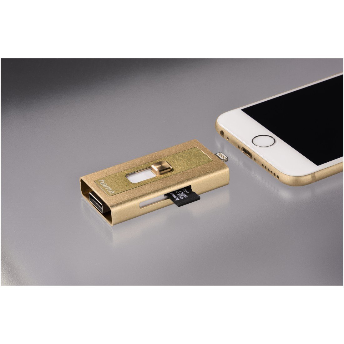 Hama 00124154 Gold MicroSD Card Reader with USB & Lightning Connector - Compatible with iPhone, iPad, iPod, PC & Mac | Portable Memory Card Adapter for Photos, Videos & Data Transfer