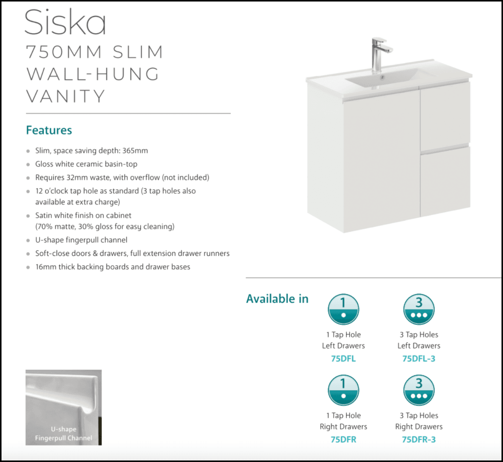 Fienza Siska 75DFR Slim 750mm Wall Mounted Bathroom Vanity with Right Drawers in Satin White - Perfect for Small Bathrooms & Modern Home Decor