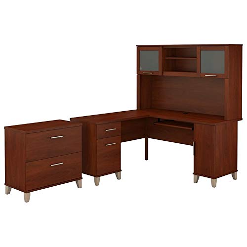 Scranton & Co Somerset 60W L-Shaped Desk with Hutch & File Cabinet - Cherry Wood Home Office Furniture for Small Spaces & Workstations