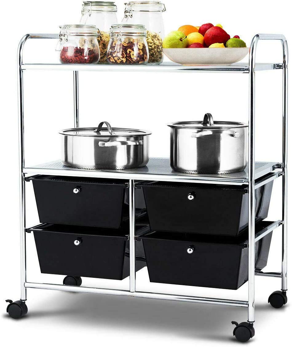 Byroce 4-Drawer Rolling Storage Cart with 2 Shelves & Wheels - 3-Tier Metal Utility Trolley with Handles for Home, Office & Kitchen Organization (Black) - Perfect for Pantry, Bathroom & Craft Room Storage