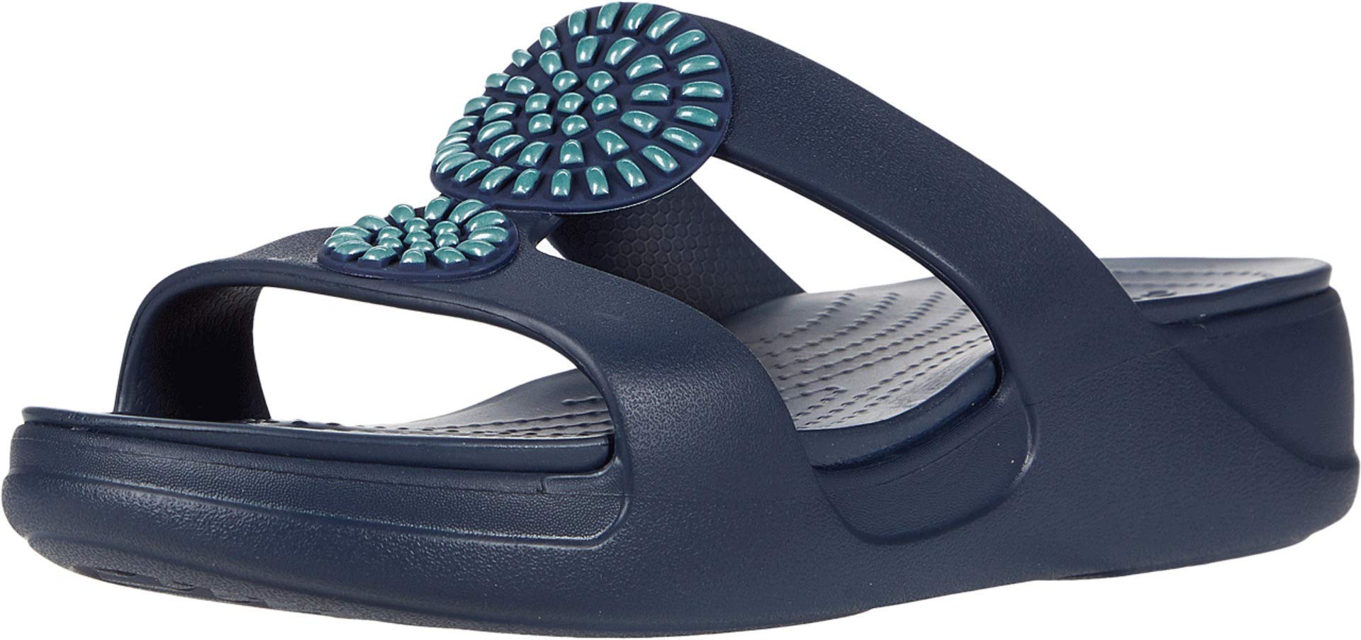 Crocs Monterey Diamante Slip-On Wedge Sandals for Women - Navy Blue Size 5 | Comfortable Casual Shoes for Beach, Pool, and Everyday Wear