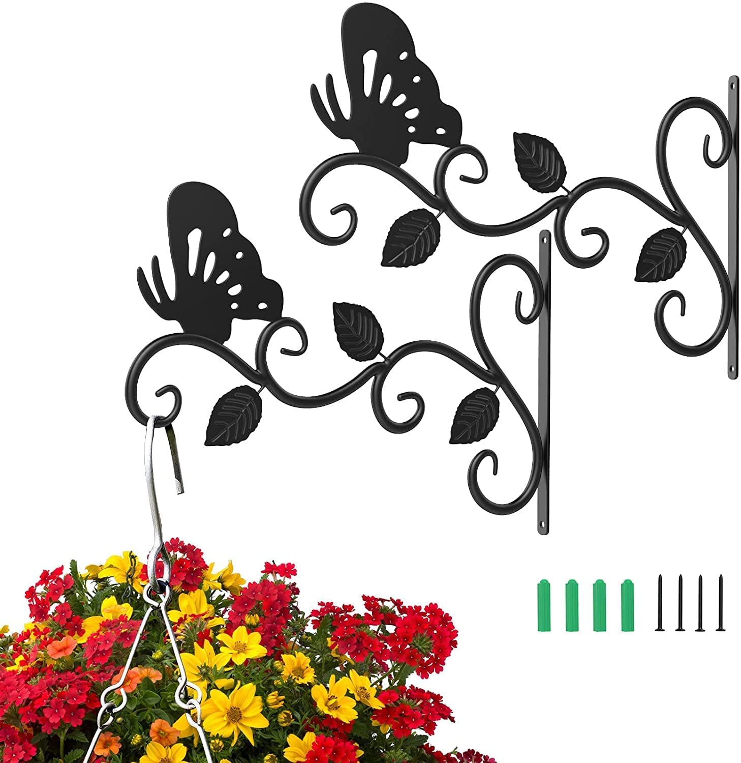 2 Pack 12 Inch Hanging Plant Brackets - Heavy Duty Wall Mounted Hooks for Outdoor Hanging Baskets, Bird Feeders, Flower Pots & Lanterns - Butterfly Design for Garden, Patio & Balcony Decor