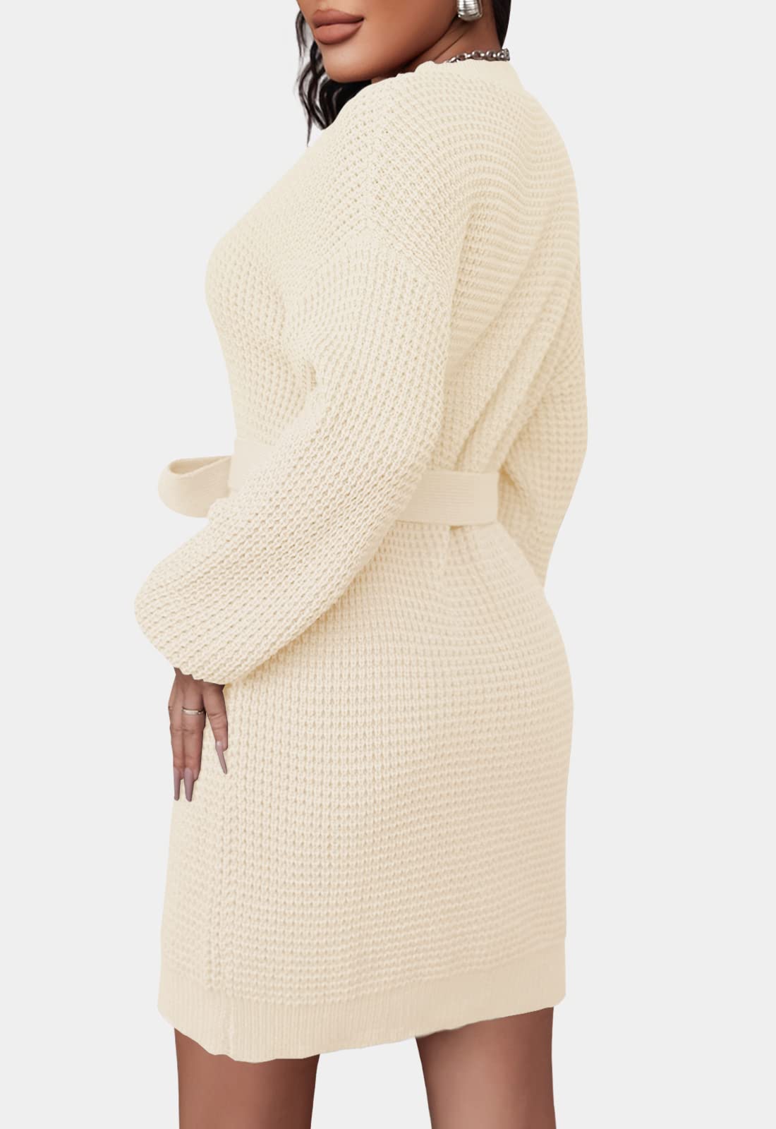 ZESICA Women's Long Sleeve Waffle Knit Tie Waist Tunic Sweater Dress - Fall Winter Pullover Casual Outfit for Work, Date & Holiday Season