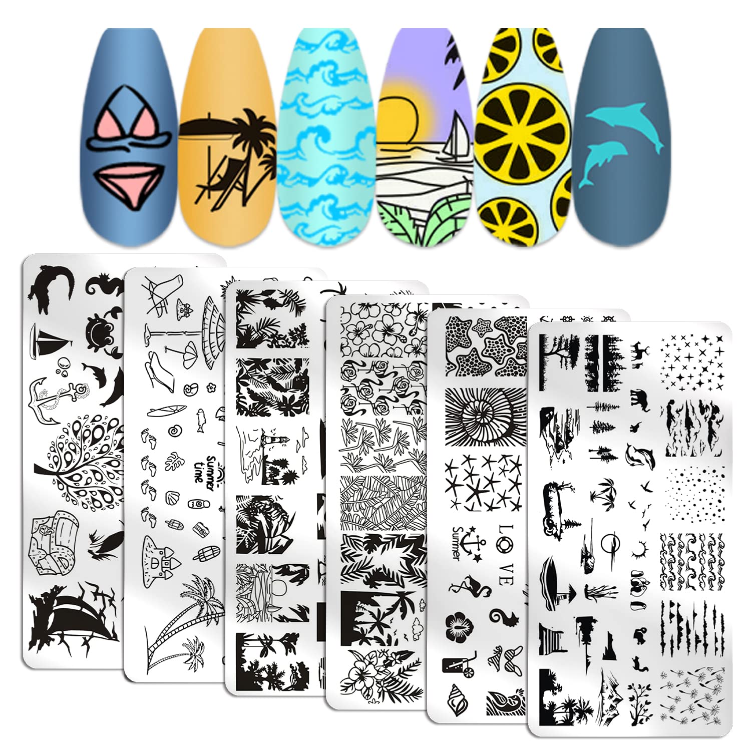 Beach Nail Stamping Kit - 6Pcs Summer Nail Art Plates for Vacation Designs | Palm Tree, Boat, Fish Patterns for Seaside Manicures