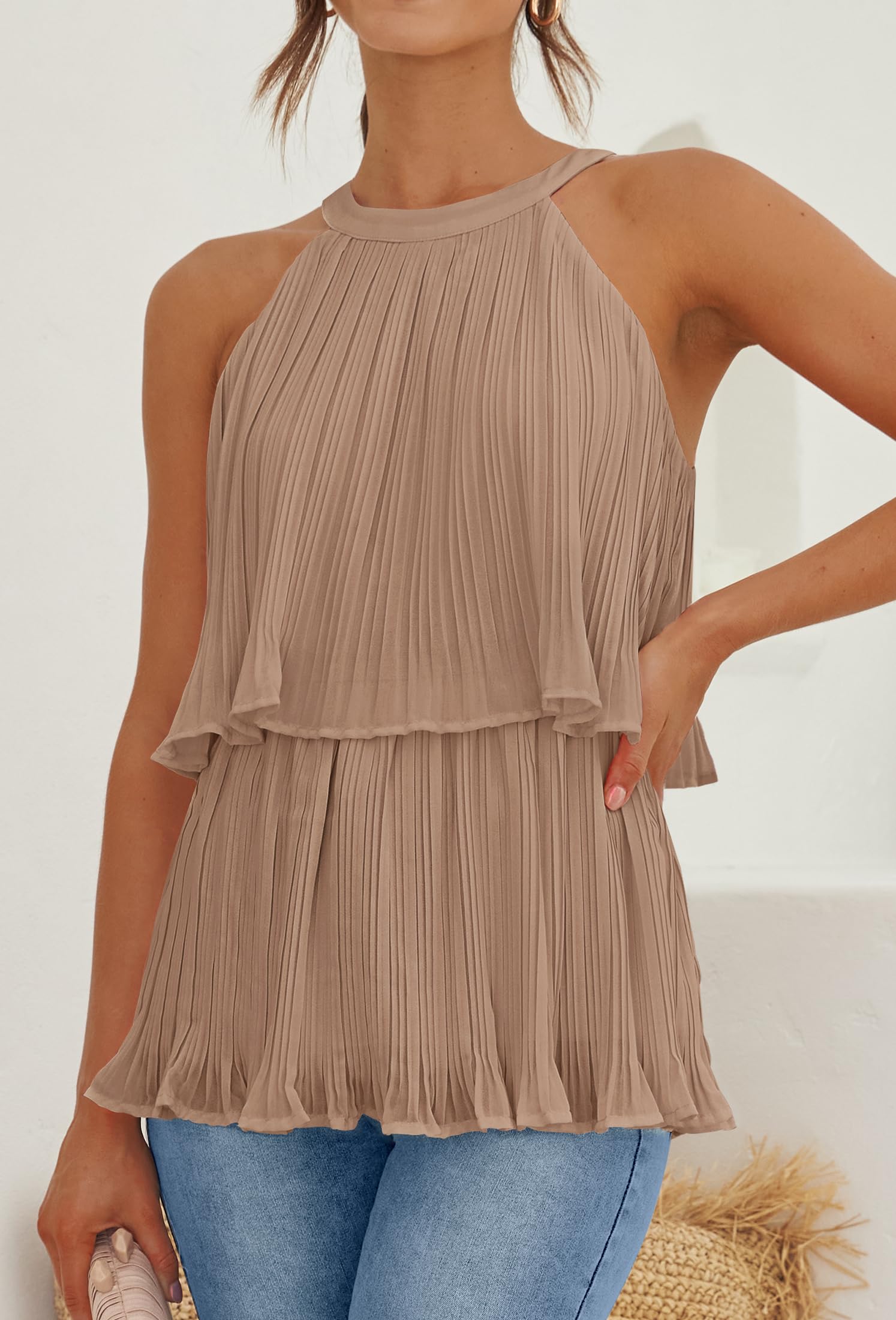 ZESICA Women's Summer Halter Tank Tops - Casual Sleeveless Ruffle Blouse with Layered Chiffon Design | Perfect for Beach, Vacation & Summer Outfits