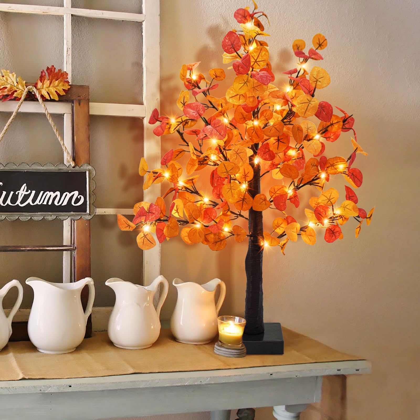 24 Inch Artificial Eucalyptus Tree with 55 LED Lights - Battery Operated Fall Decor with Timer for Home, Wedding, Thanksgiving | Indoor Tabletop Centerpiece for Autumn Harvest Decorations