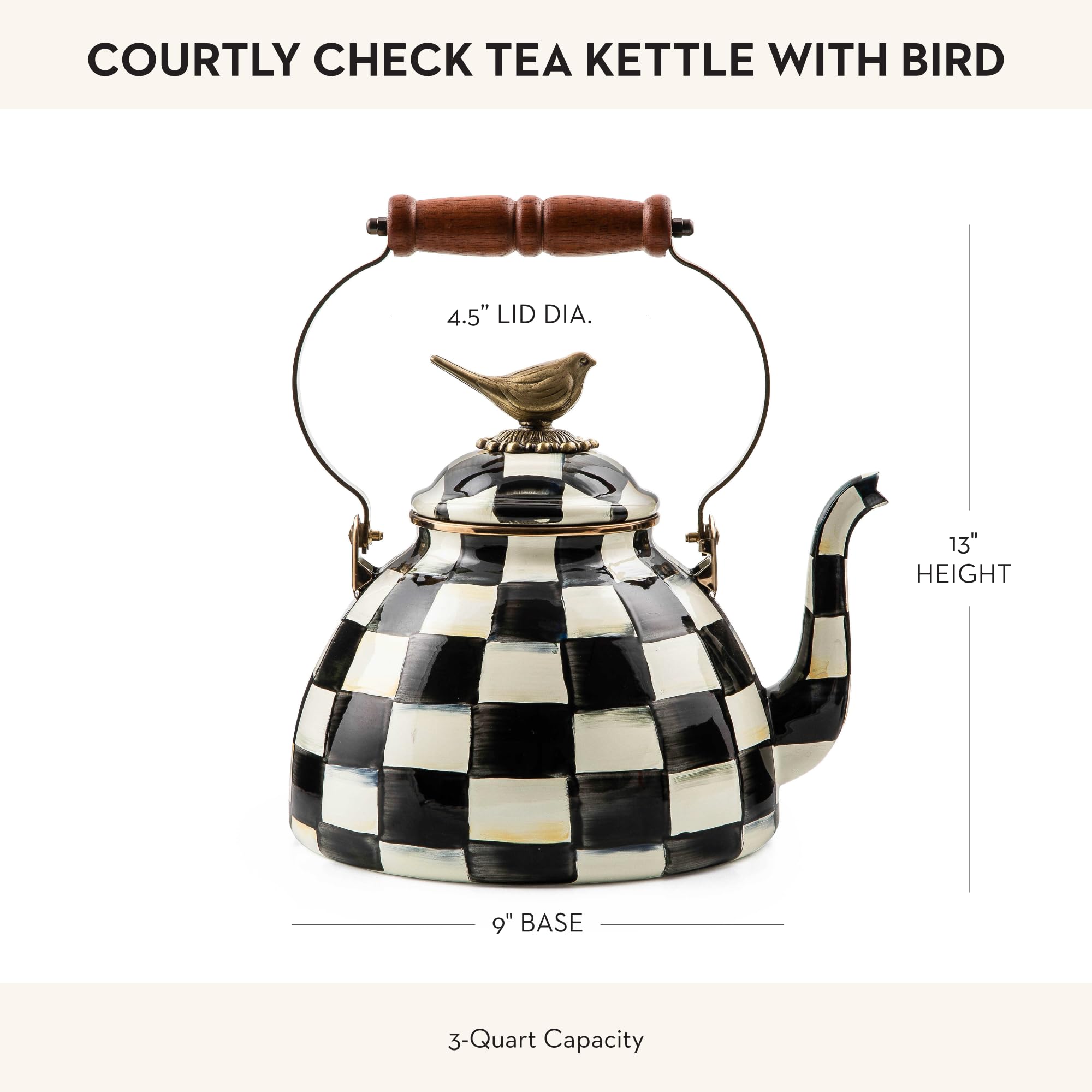 MACKENZIE-CHILDS Enamel Tea Kettle - 3-Quart Stovetop Kettle with Bird Topper, Black & White Courtly Check Design - Perfect for Tea Lovers, Kitchen Decor & Gift Giving