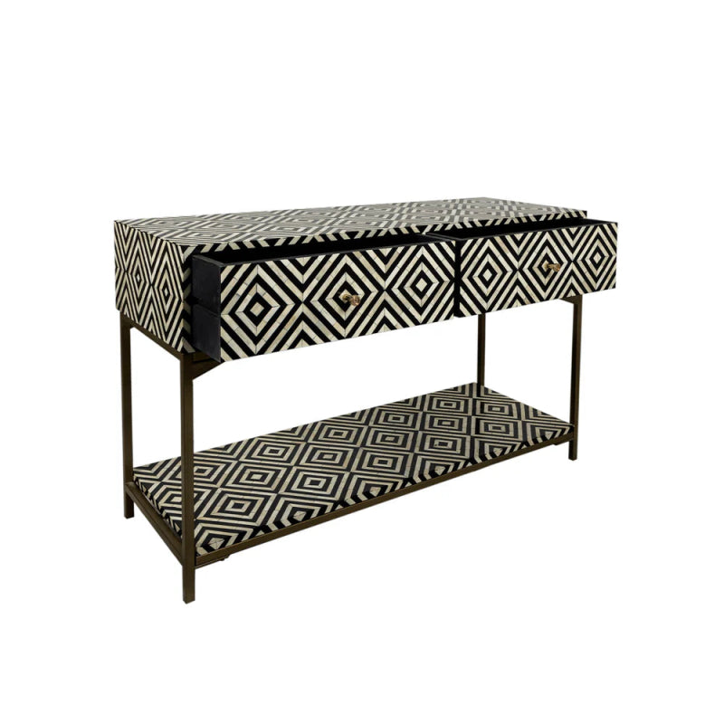 Handmade Bone Inlay Black and White Console Table - Classic Design Hallway Entryway Table with 2 Drawers for Living Room, Foyer & Home Decor