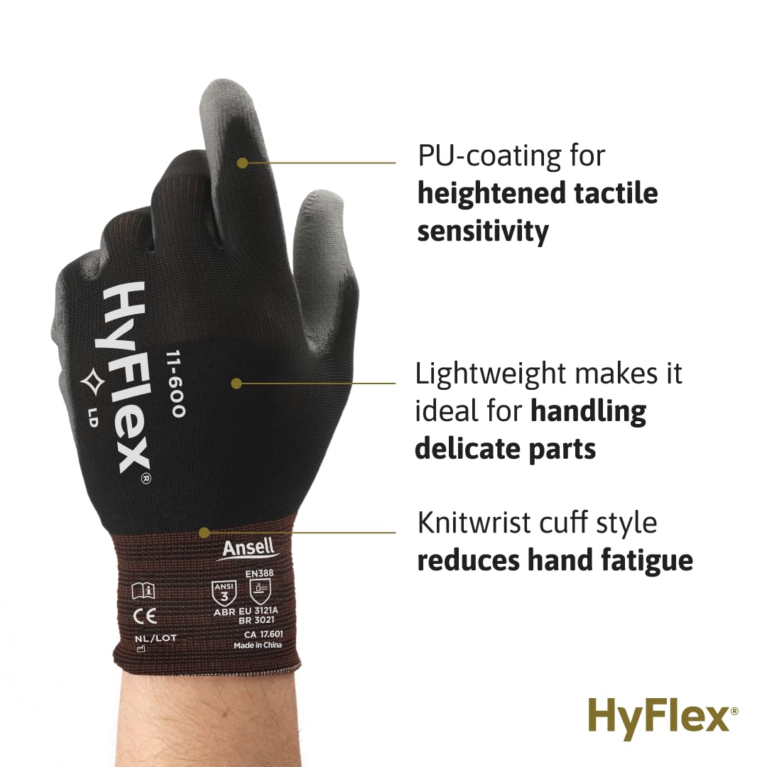 Ansell HYFLEX 11-600 Light Duty Nylon Industrial Gloves with Palm Coating - Large (Size 9), Black (144 Pairs) - Ideal for Metal Fabrication, Automotive Work, Assembly & General Maintenance