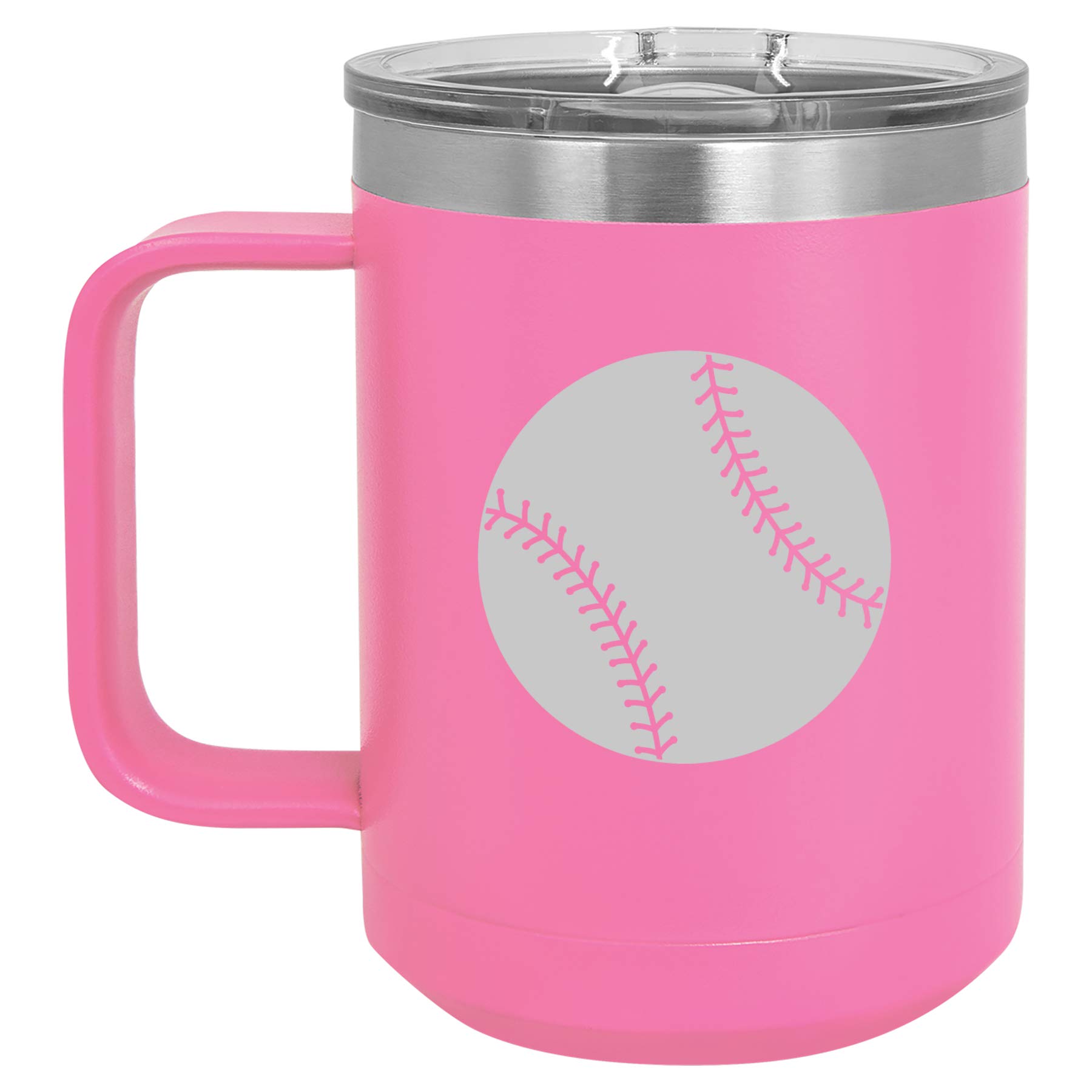 15 oz Vacuum Insulated Stainless Steel Tumbler with Handle & Lid - Hot Pink Baseball Softball Travel Coffee Mug - Keeps Drinks Hot/Cold for Hours - Perfect for Commuting, Sports & Outdoor Activities