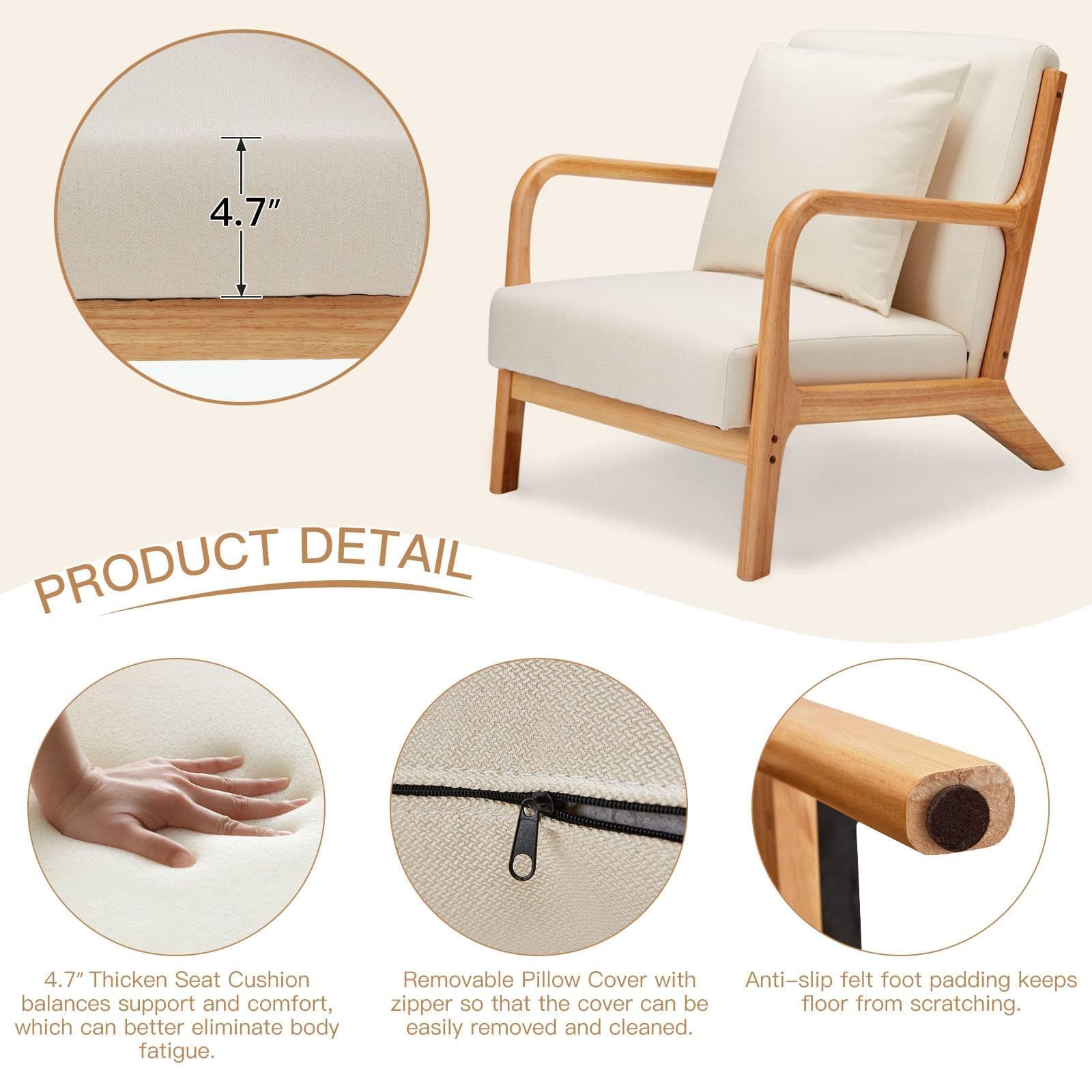 Esright Mid Century Modern Accent Chair - Solid Wood Frame, Upholstered Small Side Chair for Living Room & Bedroom - Comfortable Lounge Reading Armchair in Beige | Perfect for Small Spaces, Home Office & Cozy Corners
