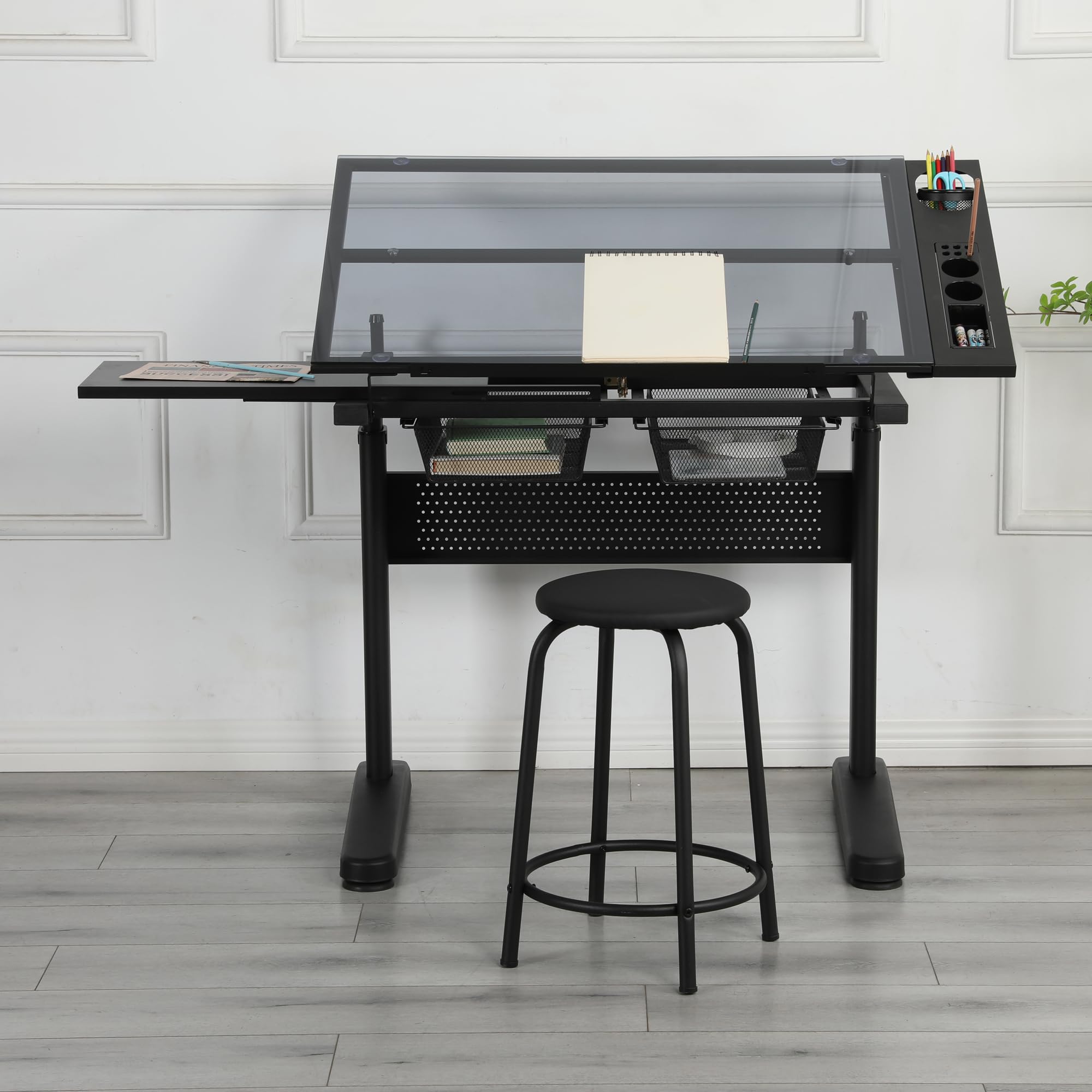 Upgraded Adjustable Height Glass Drafting Table with Hand Crank - Artist Drawing Desk with Stool, Tilting Art Craft Desk, 2 Storage Drawers & Side Table - Perfect for Home Office, Studio & Creative Workspaces - No.2 Black