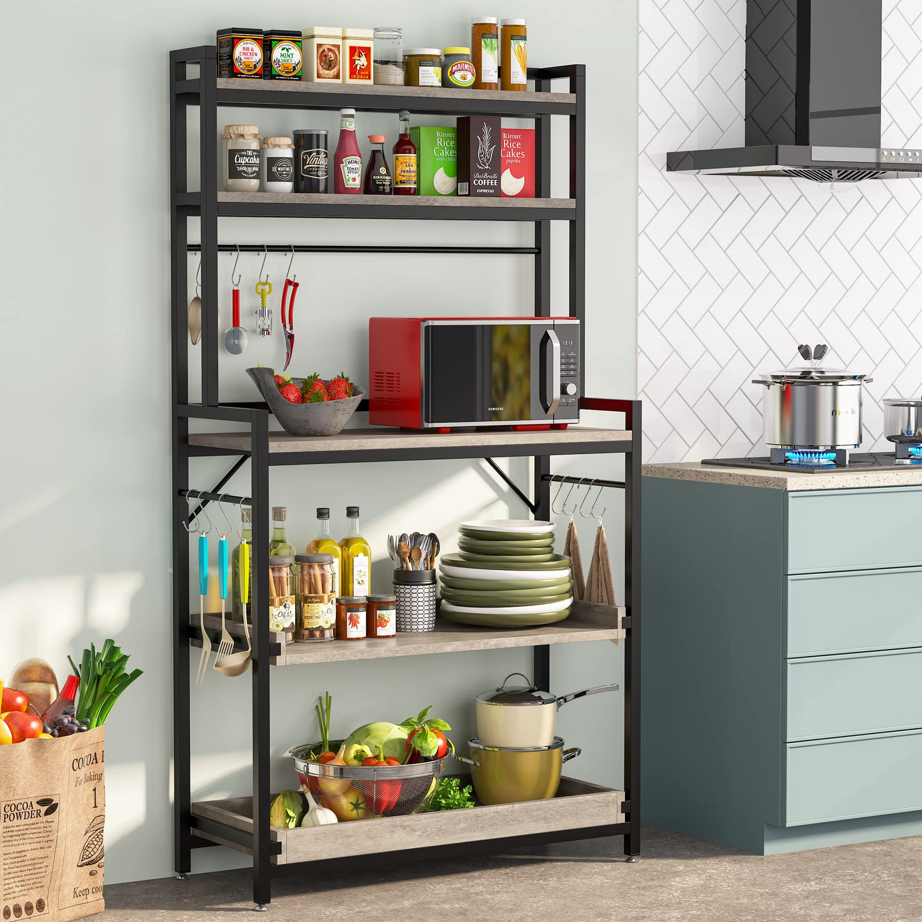 Tribesigns 5-Tier Wooden Kitchen Baker’s Rack with Hutch - Microwave Stand with Sliding Shelves & Hooks - Free Standing Storage Shelf for Coffee Bar, Pantry Organization - Gray (Perfect for Small Kitchens & Apartment Living)